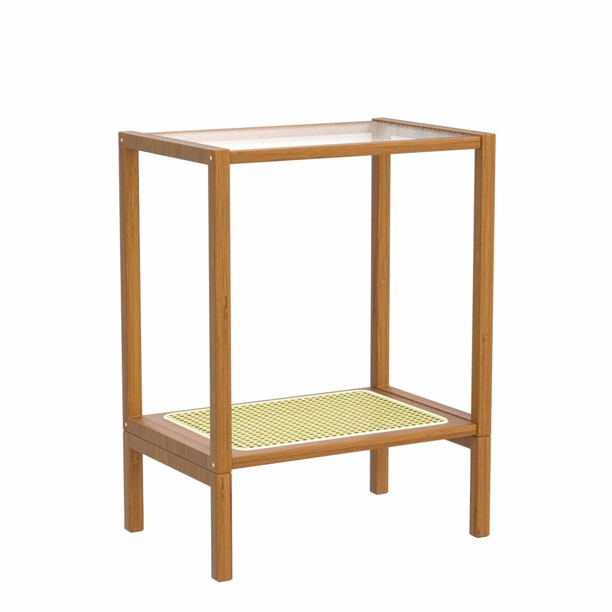 Bamworld Stolik pomocniczy, rattanowy stolik nocny, do małych przestrzeni, sypialni, salonu, szkło rattanowe, bambusowy, stolik nocny, 2-poziomowy, z miejscem do przechowywania, boho