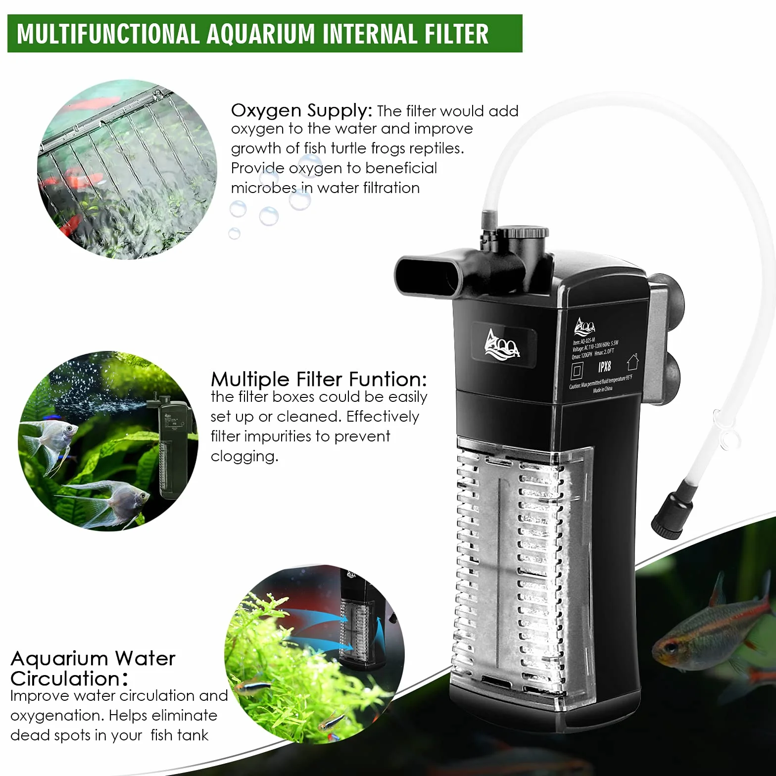 AQQA Filtr do akwarium, Regulowany filtr wewnętrzny do akwarium, Cichy 5.5W filtr gąbkowy do akwarium z pompą wodną 400L/H, Pompa akwariowa z filtrem na akwarium do 200L