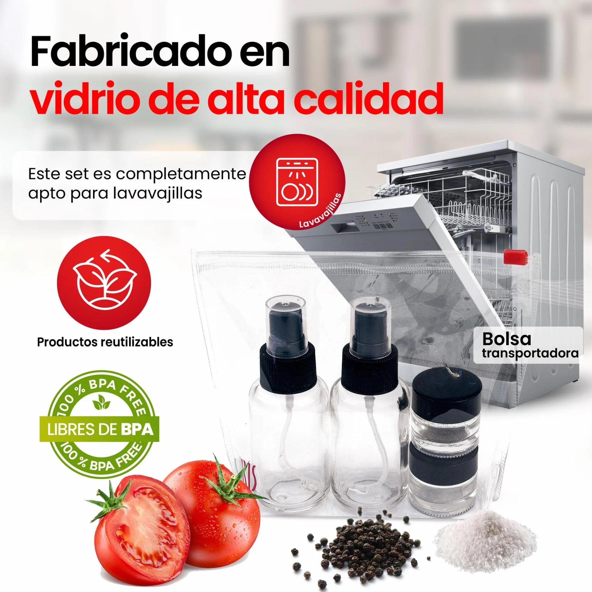IRIS BARCELONA - Zestaw do sałatek do sałatek, 2 mini szklane butelki z dyfuzorem 50 ml i 2 szklane słoiki z pokrywką 10 ml