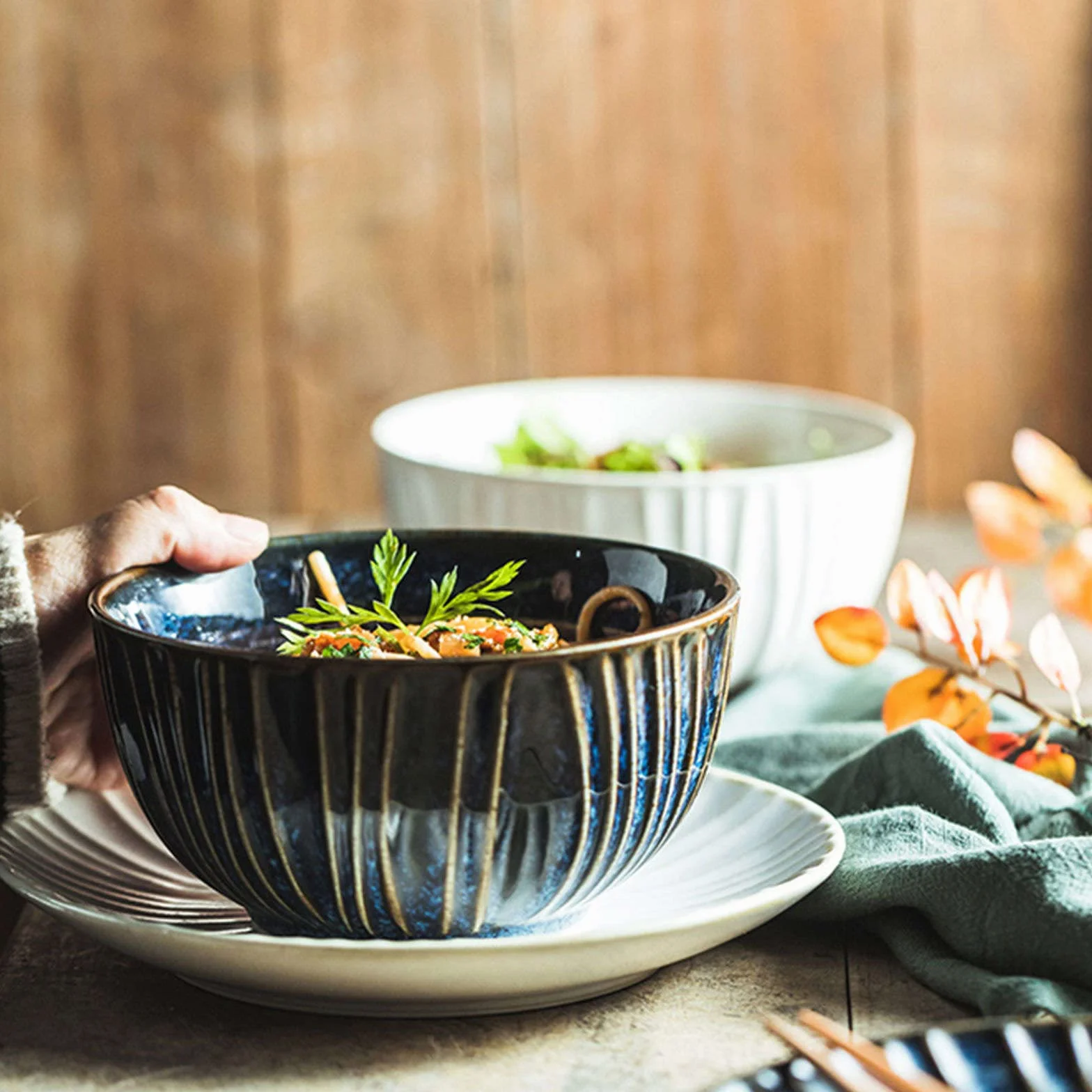Duże ceramiczne miski do serwowania, zestaw 2 sztuk, niebieska miska na płatki śniadaniowe na śniadanie, mała głęboka miska sałatkowa do zupy, niebieska, 750 ml, 25 ml