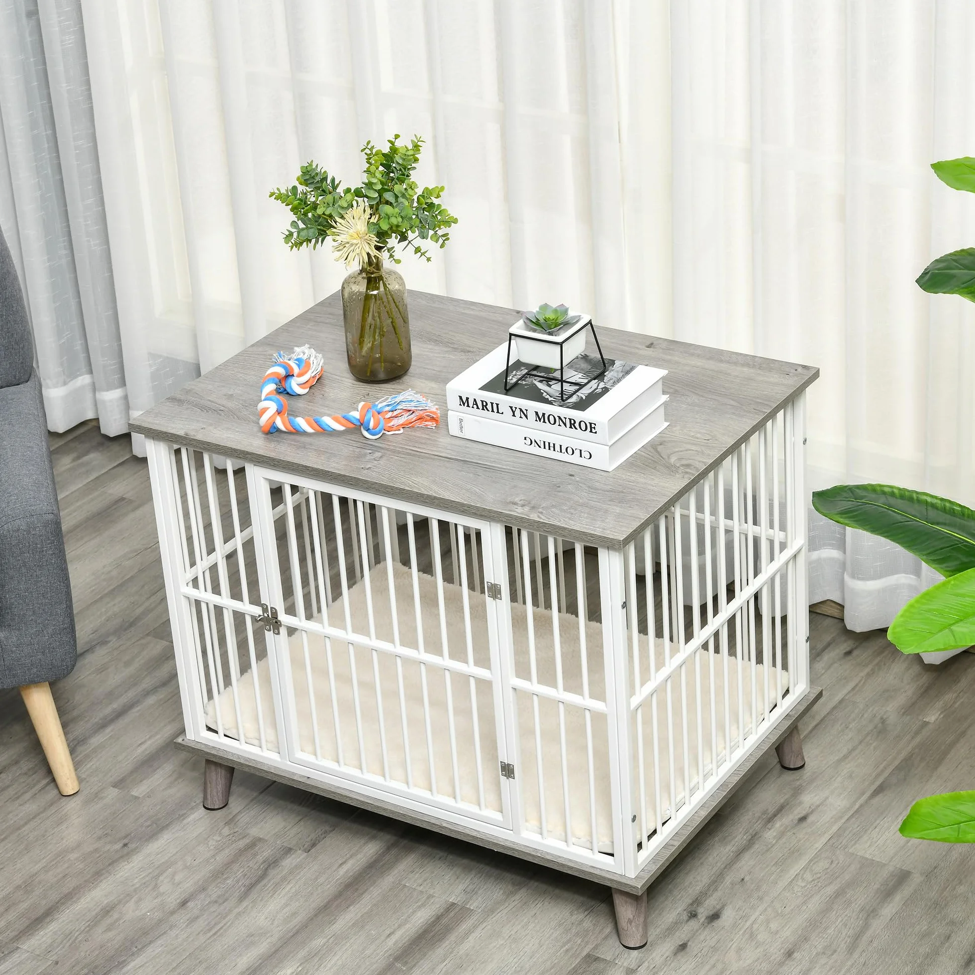PawHut klatka dla psa drewniana z poduszką blat podwyższony design klatka dla psów średnich do domu klatka dla zwierząt domowych kolor biały+szary 86 x 60 x 70 cm