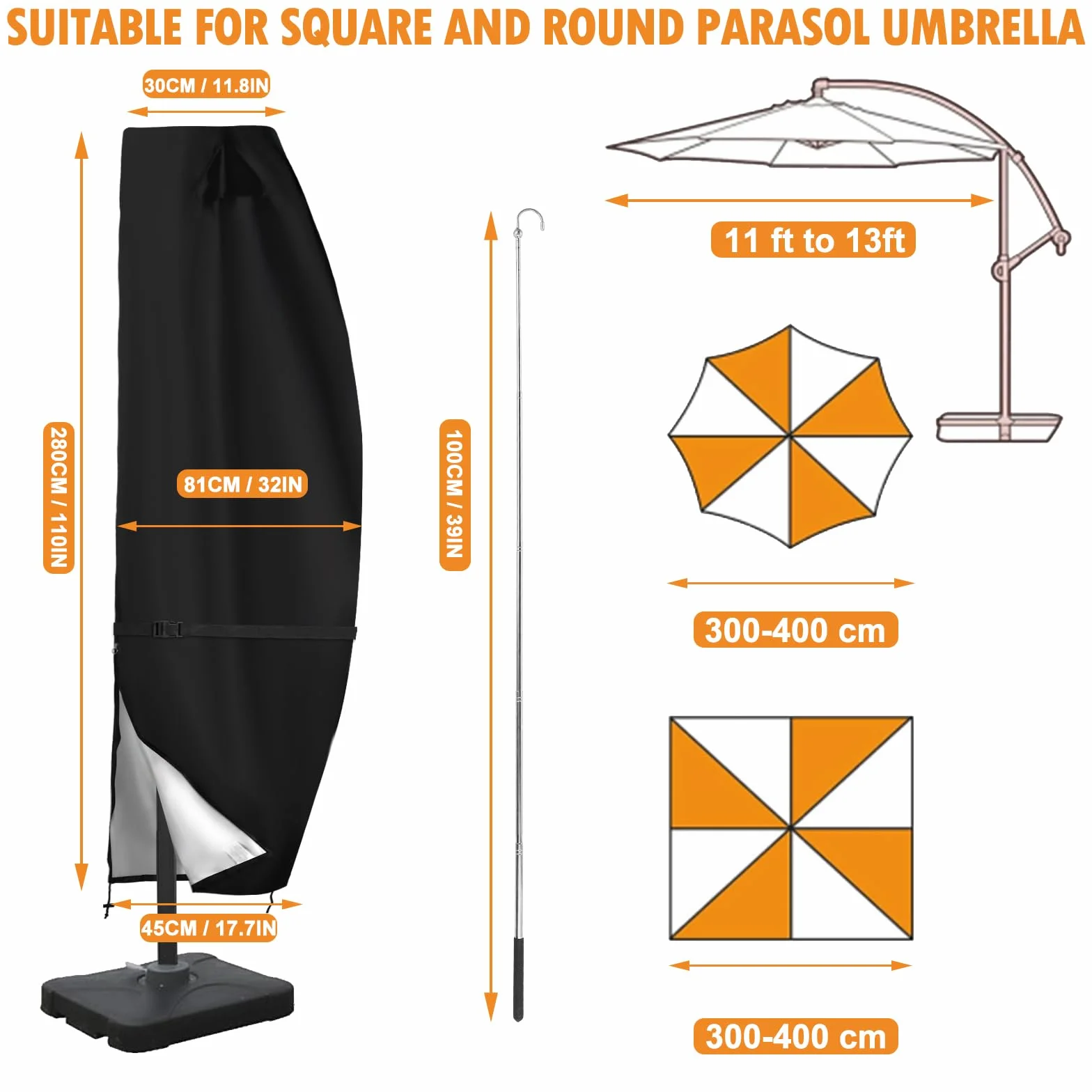 DOCEPERT Pokrowiec na parasol tarasowy pasuje do parasoli zewnętrznych o długości od 3,4 m do 4 m, 420D na zewnątrz, z przesuwanym wspornikiem i solidnym wodoodpornym zamkiem błyskawicznym i górną