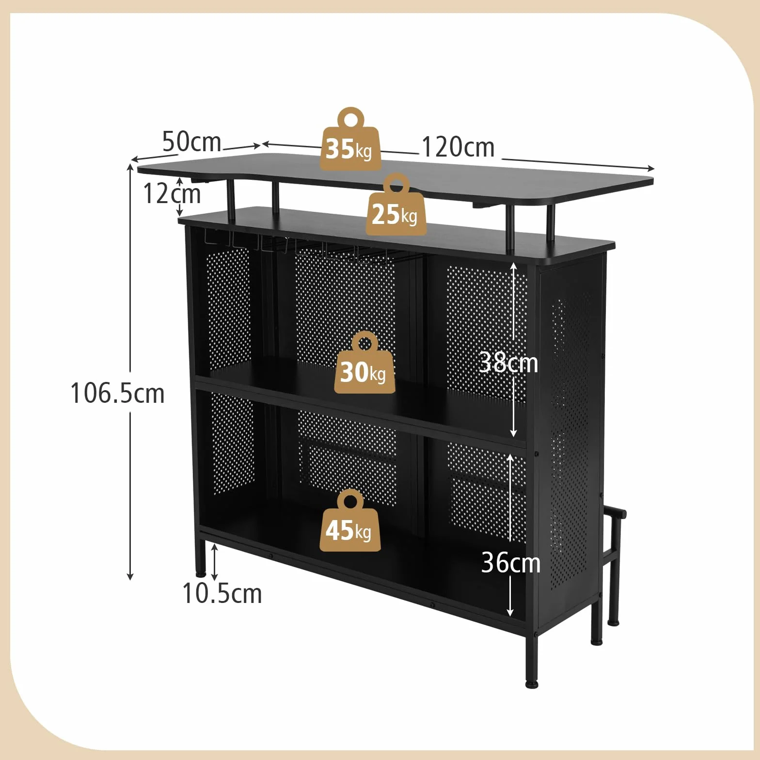 KOMFOTTEU Stół barowy z 2 półkami i podnóżkiem, 120 x 50 x 106,5 cm, blat kuchenny z dużą przestrzenią do przechowywania i regulowanym podnóżkiem, bar domowy