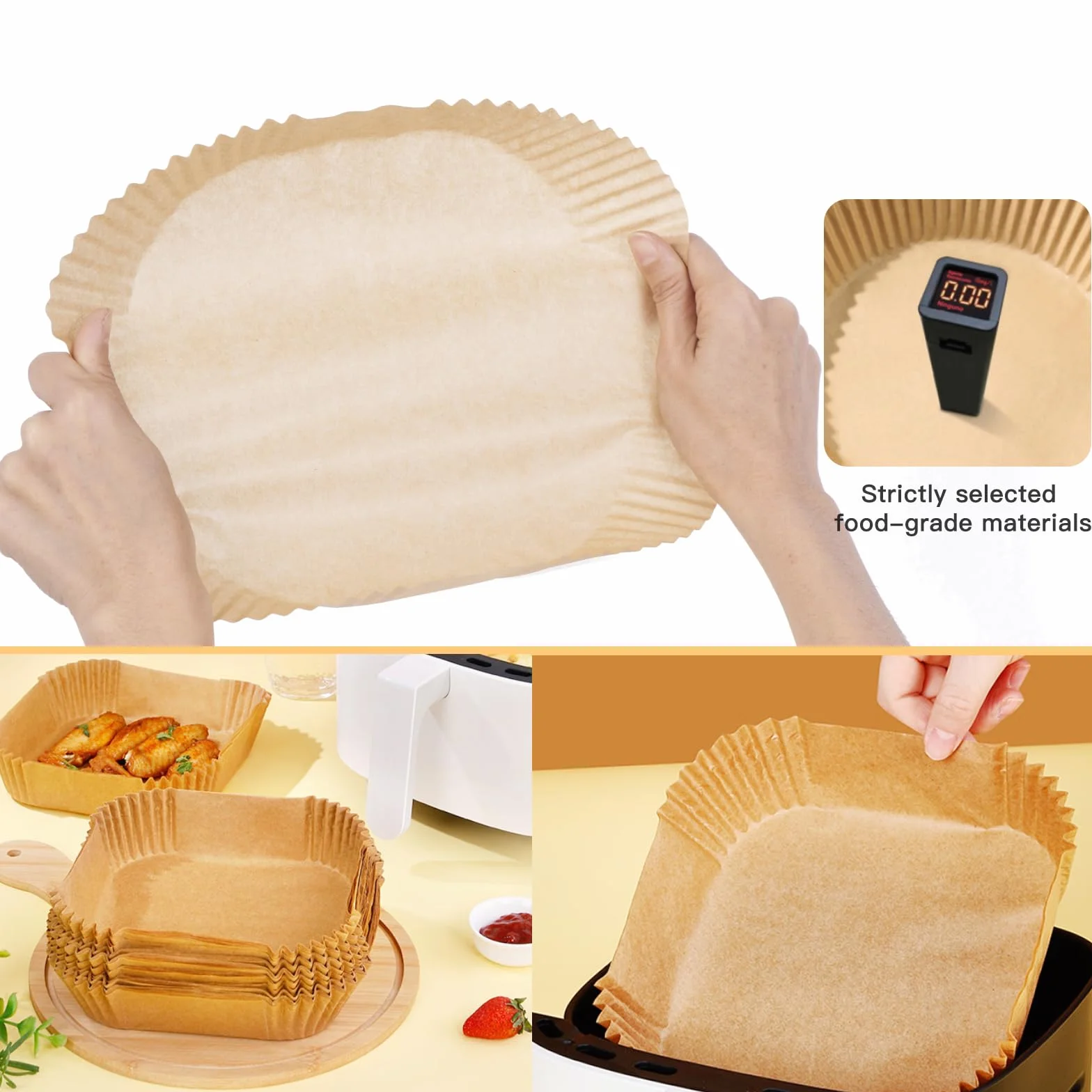 Kwadratowy papier do frytkownicy beztłuszczowej 16C100 100 gotowych sztuk 16x20 cm, jednorazowy papier do pieczenia bez BPA, akcesoria do air friera 2-8 litrów (16x20 cm – kwadratowy, 100 sztuk)