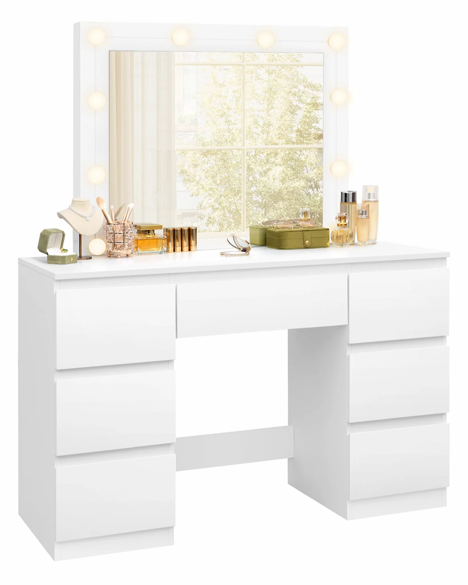 Toaletka WOLTU z oświetleniem LED, kosmetyczka z lustrem, toaletka z 7 szufladami, regulowana jasność, wykonana z drewna, 107x140,5x39,5 cm, nowoczesna, biała