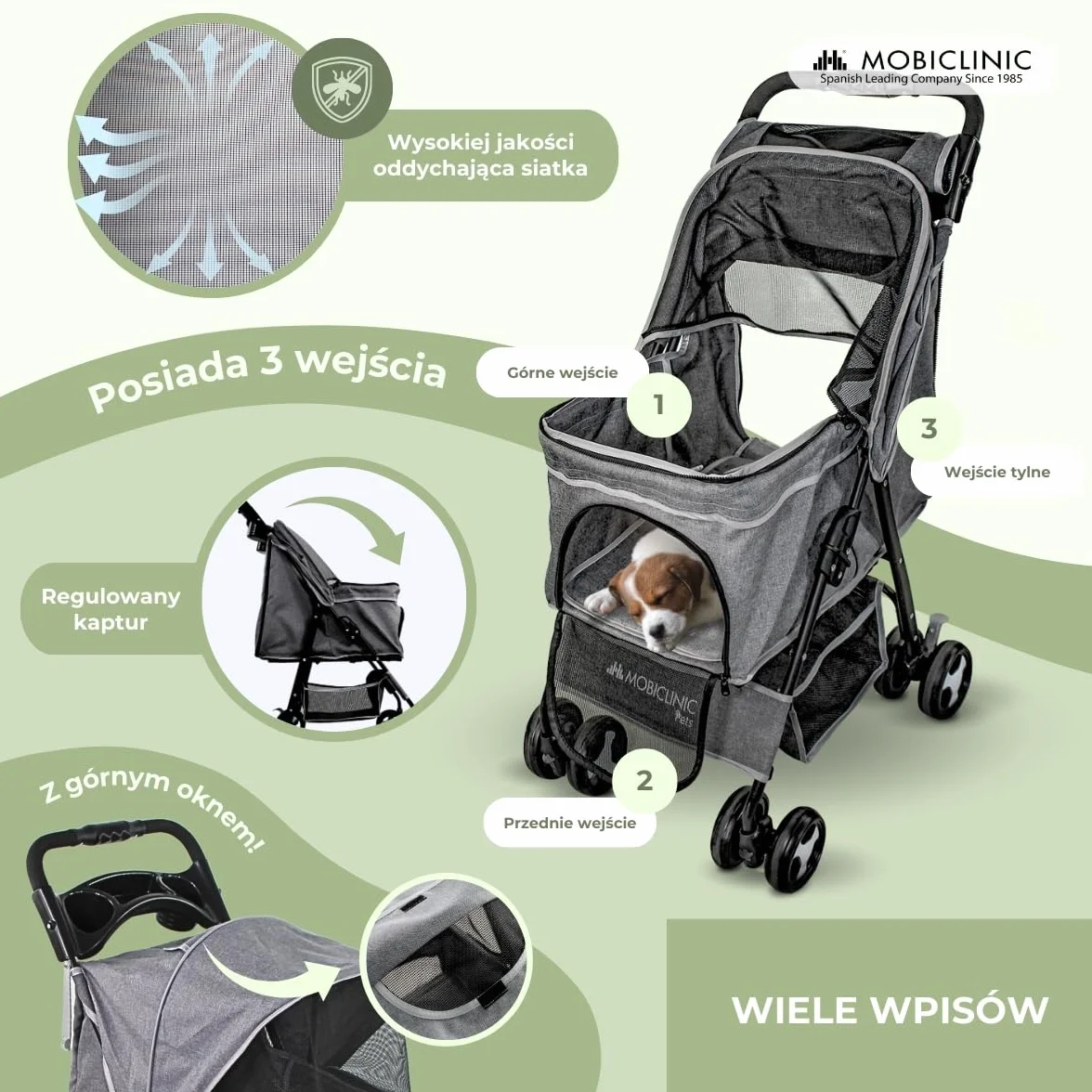 Mobiclinic®, Składany wózek dla psa, Do 15 kg, Małych Psów, Koł z hamulcami 360°, Kosz xl, 3 Okna Zamkiem Błyskawicznym i Moskitierą, Zuma (Szary)