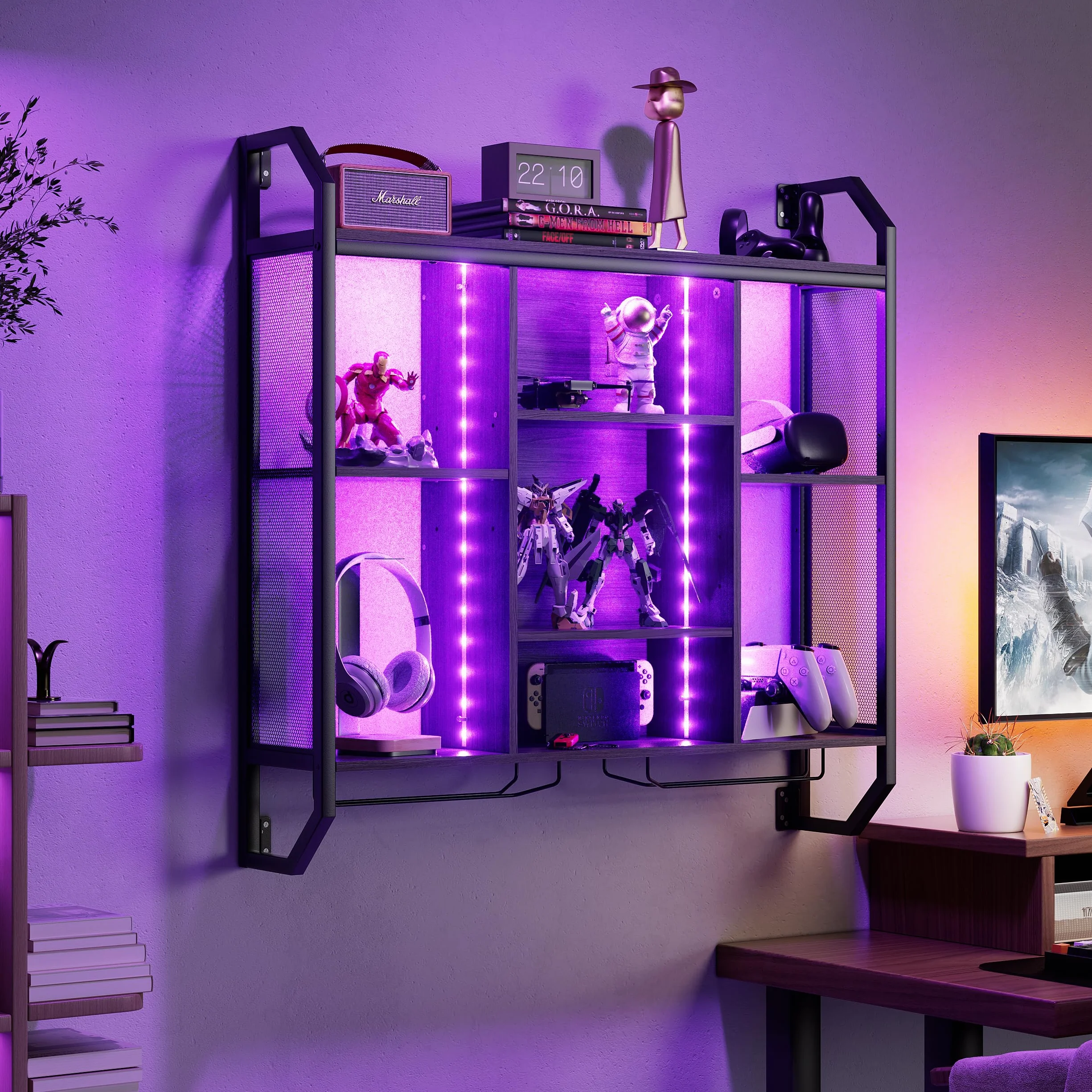 Regał ścienny na wino z oświetleniem LED, 90 x 90 cm, regał na wino do montażu na ścianie, wykonany z żelaza i płyty MDF, regał ścienny z uchwytem na szkło, regał ścienny z regulowaną półką, do barów,