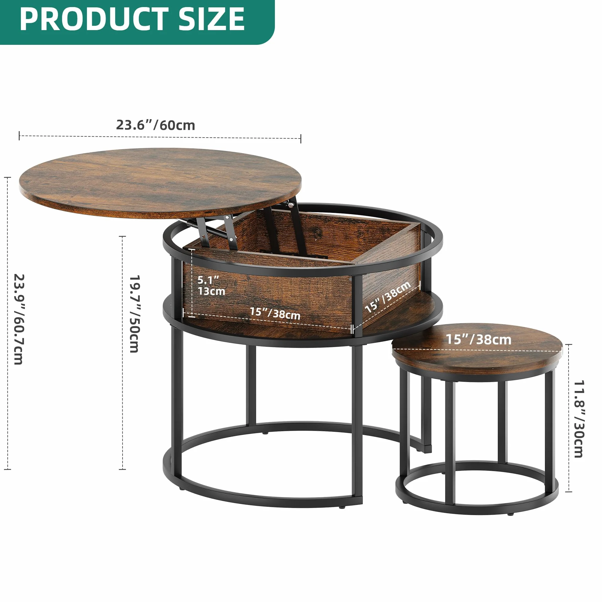 YITAHOME Okrągły stolik kawowy, zestaw 2 sztuk, stół do salonu w stylu vintage z miejscem do przechowywania, wysuwany i wysuwany stolik kawowy 60 x 60 x 50 cm, 38 x 38 x 30 cm