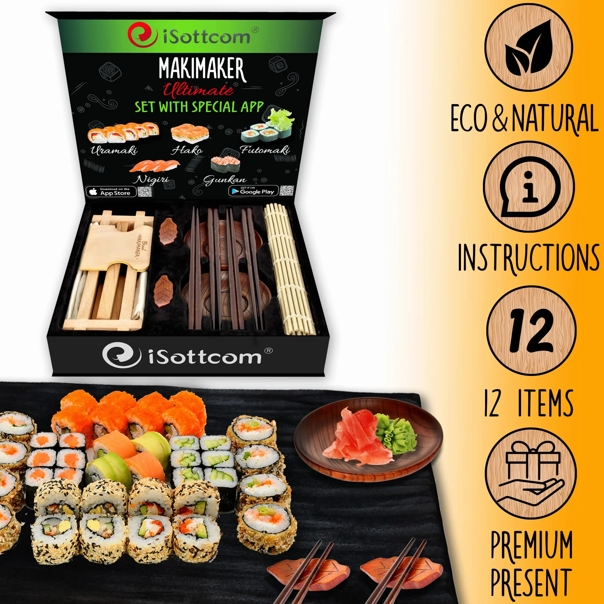 iSottcom Kompletny Zestaw do Maki - Japoński Zestaw do Robienia Sushi, Miseczki na Sos Sojowy - Pałeczki z Pojemnikiem, Bambusowe Maty do Zwijania, Aplikacja Mobilna - W Pudełku na Prezent