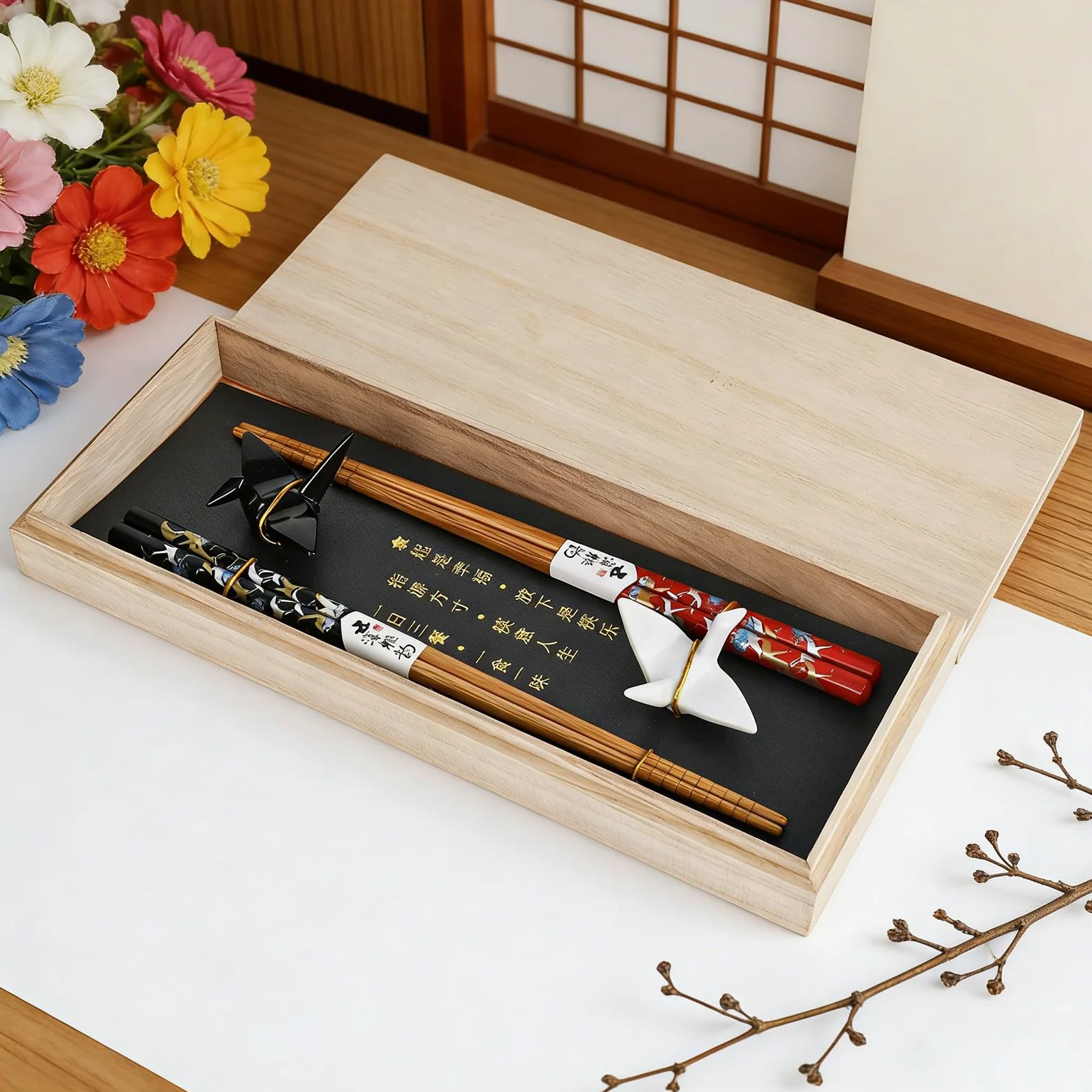 Zestaw pałeczek do sushi origami, 2 pary wraz z podkładkami ceramicznymi, ekskluzywne drewniane opakowanie, styl japoński, chiński, koreański i tajwański