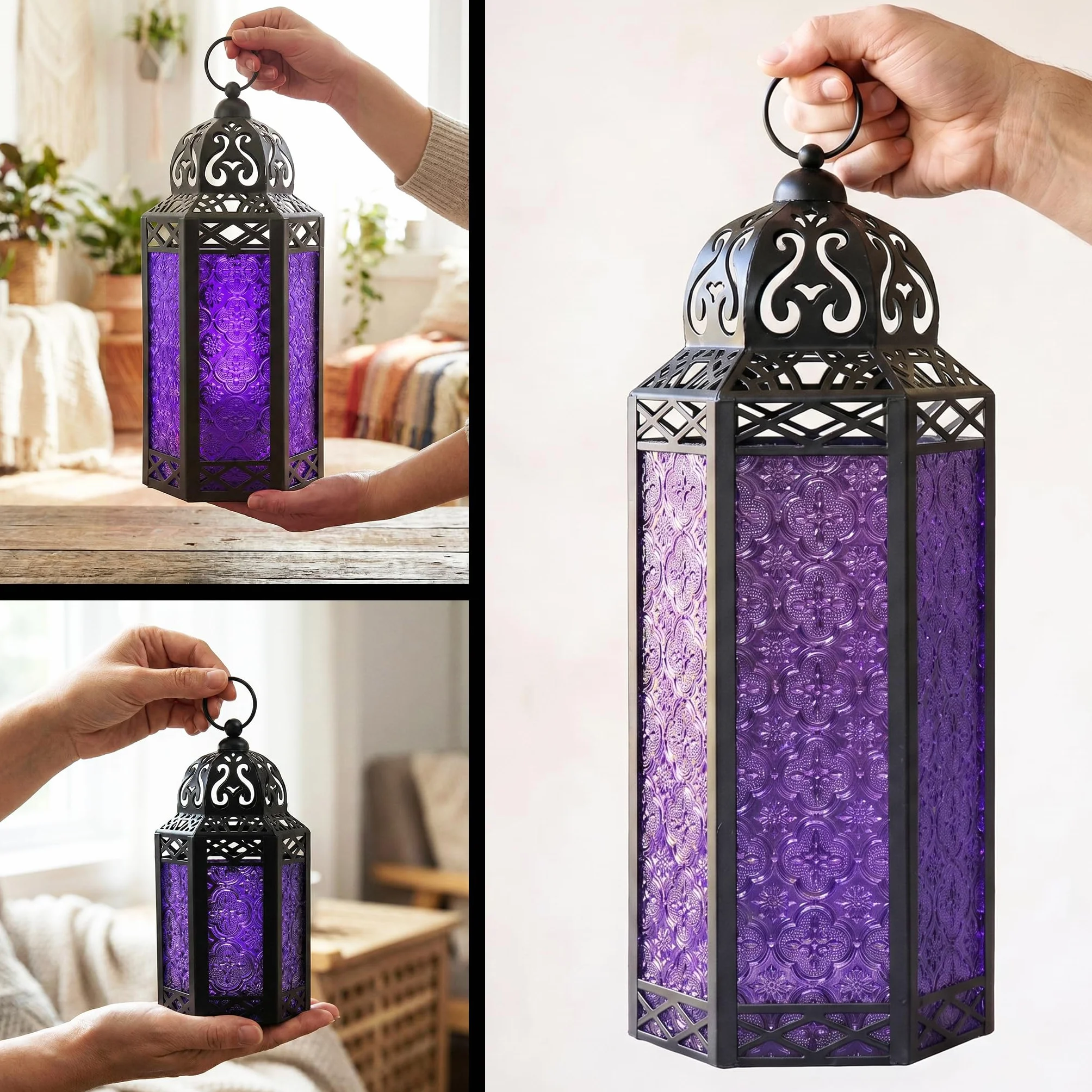 Vela Lanterns Zestaw 3 lampionów marokańskie świeczniki dekoracyjne na podłogę Ramadan dekoracja wnętrz dekoracja domu na zewnątrz patio ganek Halloween ślub fioletowy kolor