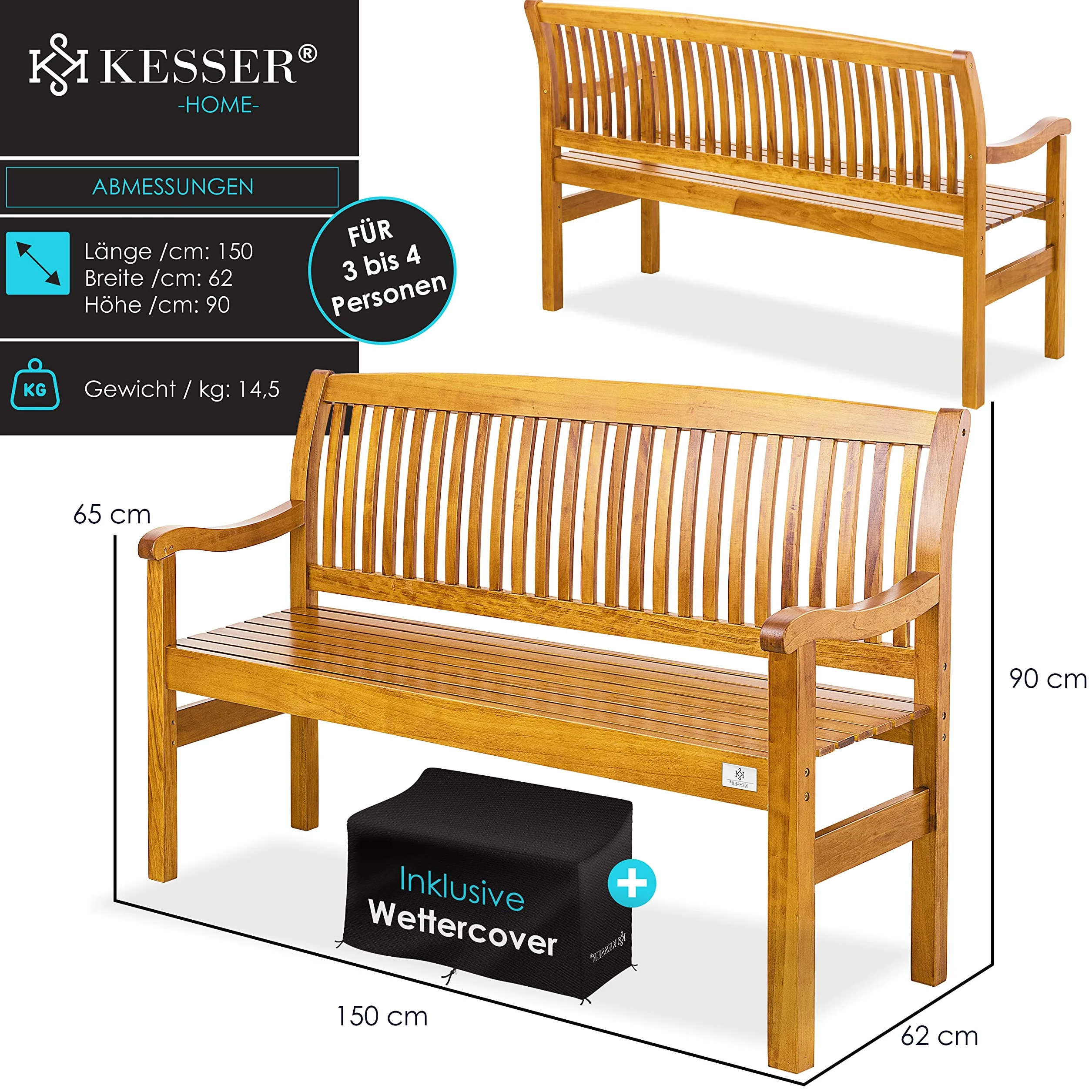 KESSER® Ławka ogrodowa drewniana, odporna na warunki atmosferyczne, z pokrowcem, dla 3 do 4 osób, ławka parkowa z litego drewna, ławka do siedzenia 320 kg, obciążenie 150 cm, ławka balkonowa