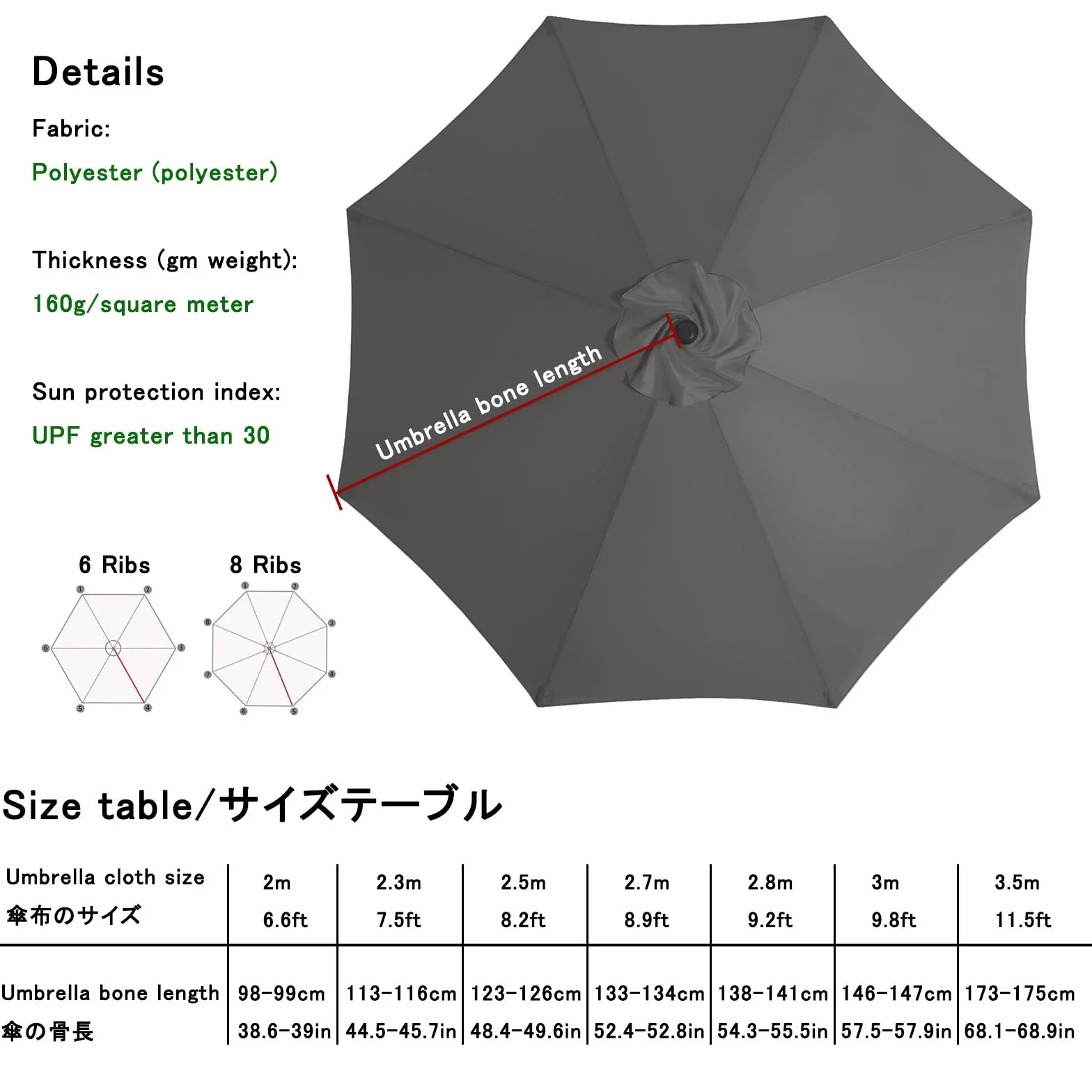 Zapasowy baldachim parasola na zewnątrz 15/20 cm 182 223 33 33 33 cm, targ na patio, pokrowiec na stół do podwórka, ogrodu, na dziedziniec, basen, trawnik, targ