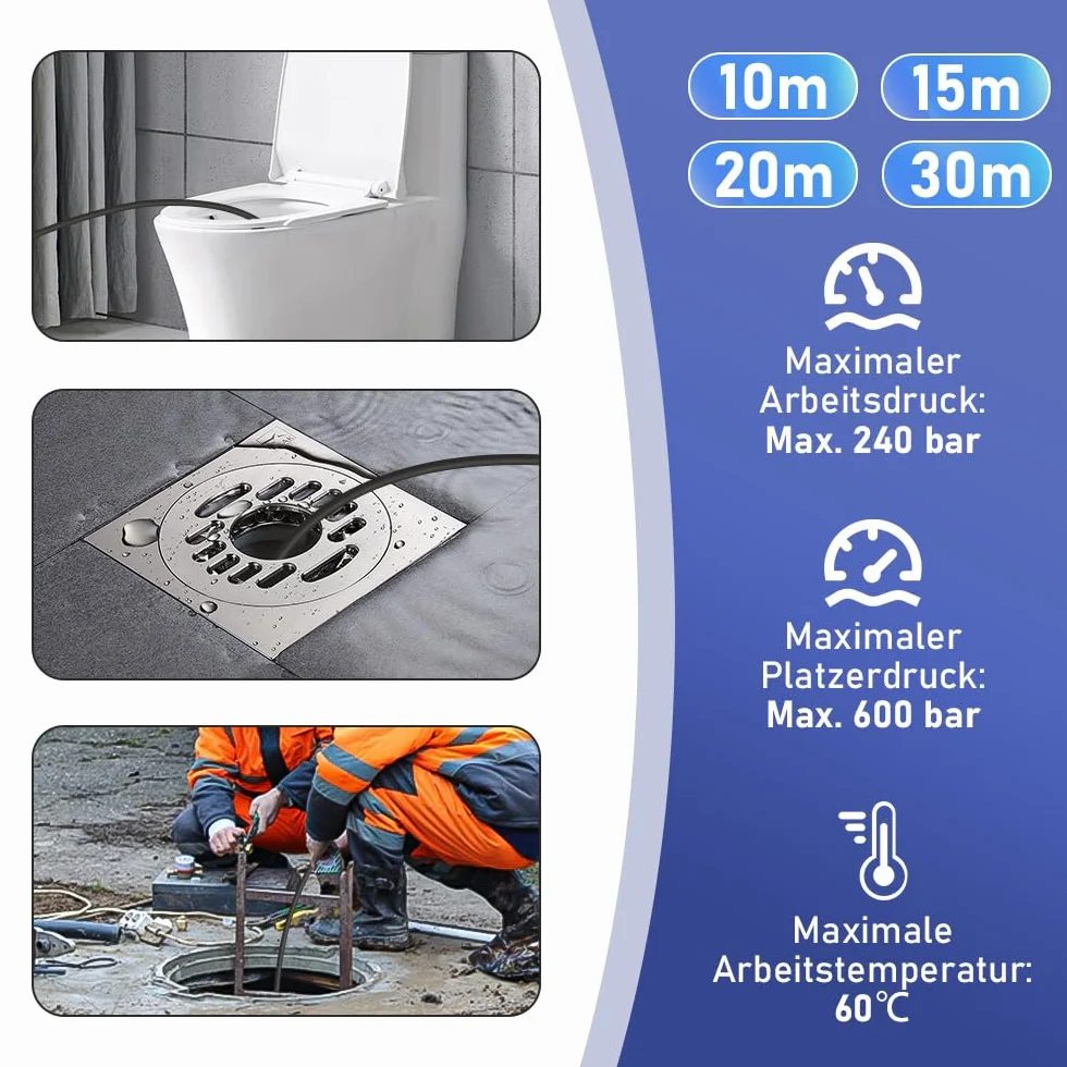Wąż do czyszczenia rur 10 m, z adapterem M22, dysze sztywne + obrotowe, 240 bar, 60 °C, zestaw do czyszczenia rur odpowiedni do Kränzle Kärcher K2-K7, do myjki wysokociśnieniowej