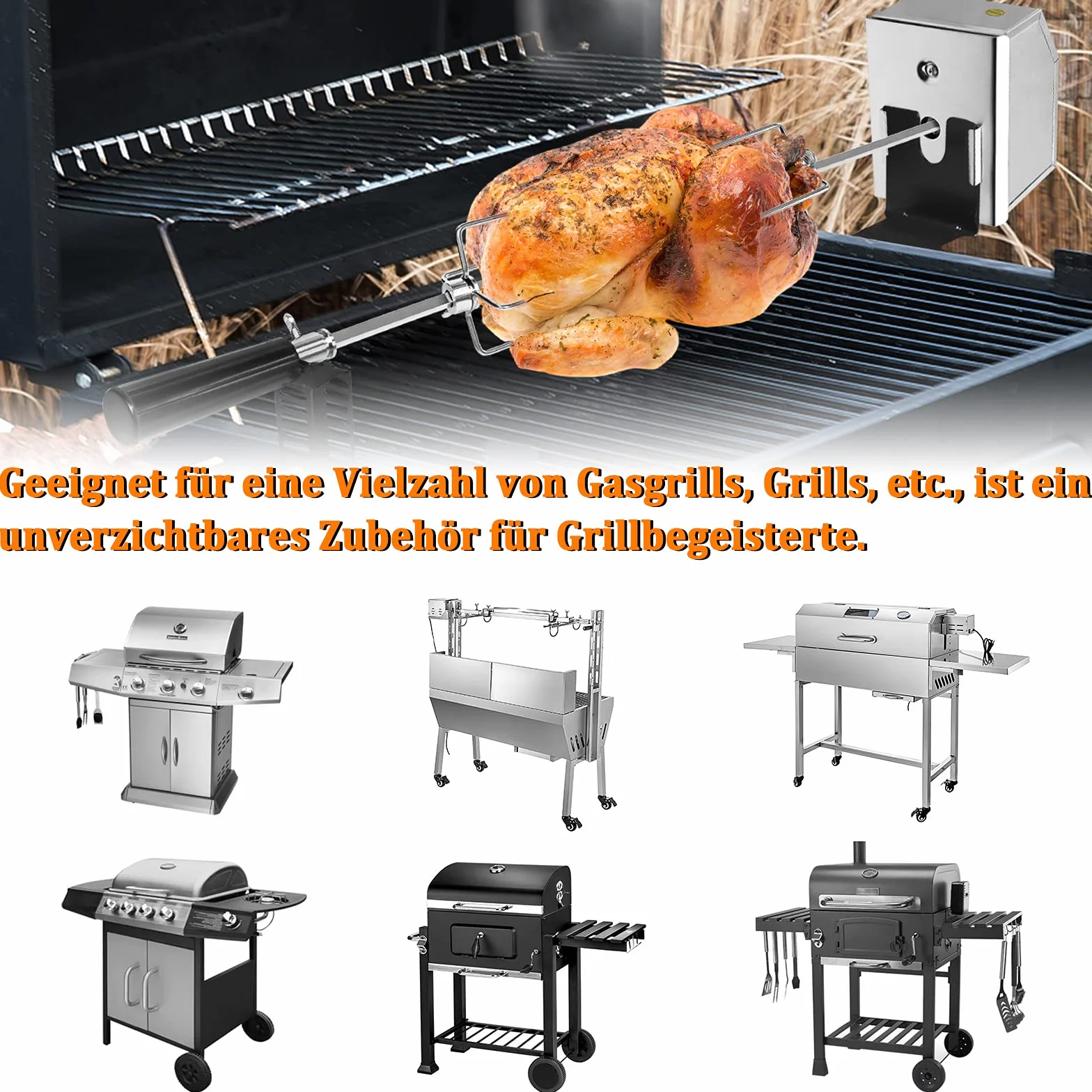 UISEBRT Zestaw szpikulców do grilla, 107 cm, stal nierdzewna, z silnikiem, 220 V - 240 V, z 2 igłami do mięsa