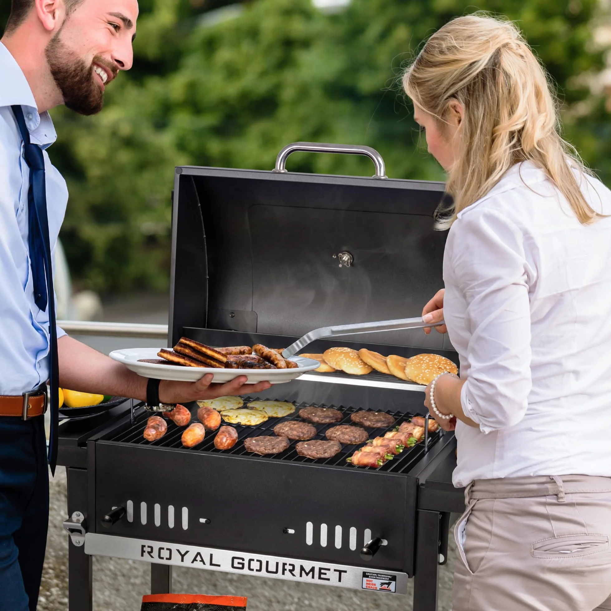 Royal Gourmet Grill na węgiel drzewny, grill na kółkach ze składanymi półkami bocznymi, grill stojący z Decekl, termometr, grill węglowy, czarny