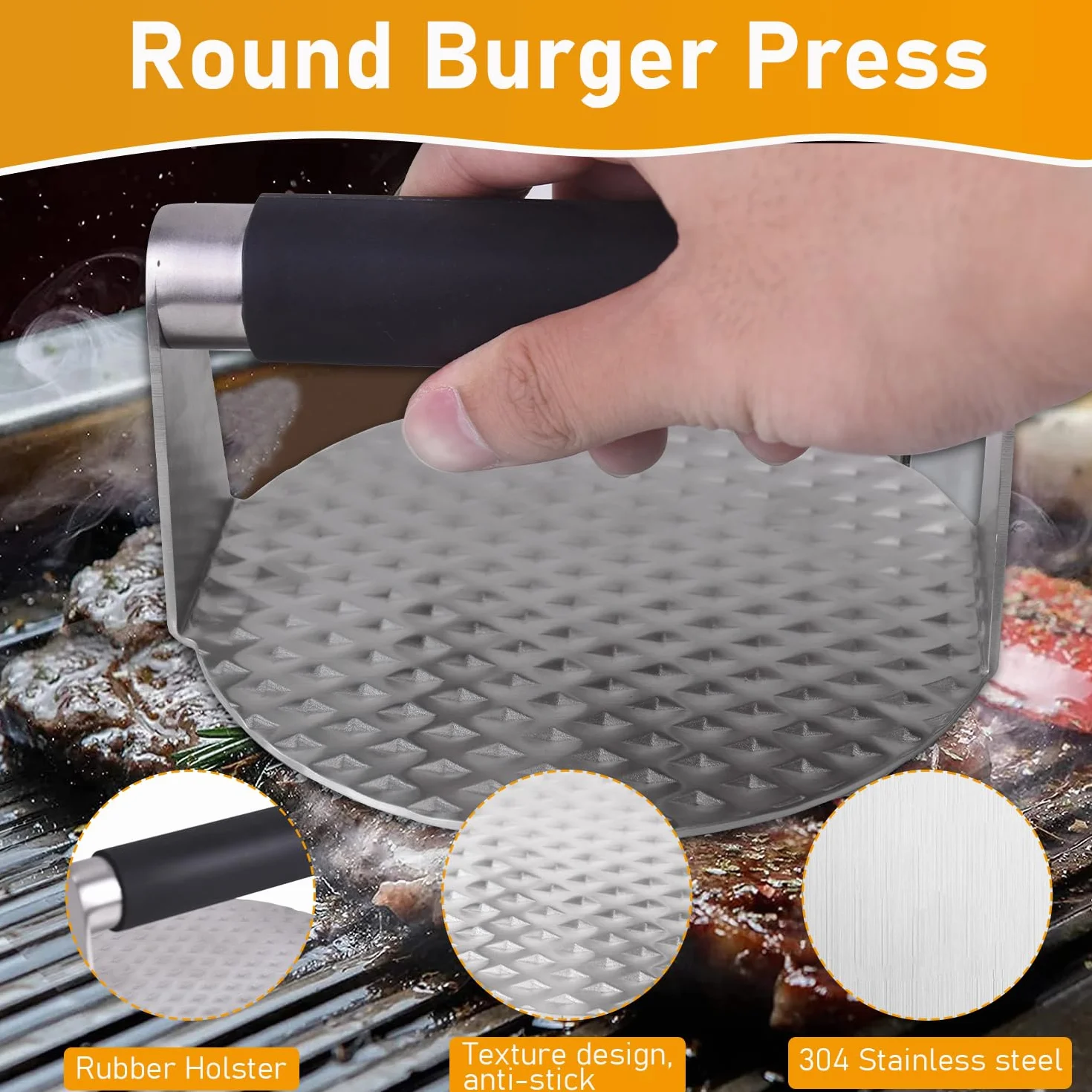 Smash zestaw do burgerów, prasa do burgerów, stal nierdzewna, zestaw sztućców do grilla z okrągłą prasą do burgerów i 2 szpatułkami do grilla, do użytku wewnątrz i na zewnątrz