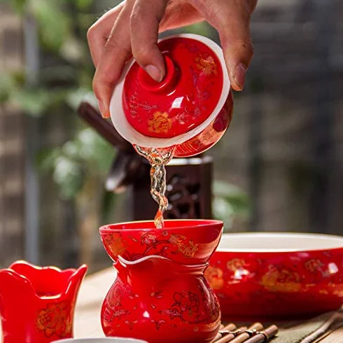 Ręcznie malowany czerwony smok Gaiwan zestaw do herbaty Teaware, kung Fu filiżanka ręcznie malowana miska do herbaty zestaw do herbaty GAI Wan miska porcelanowa filiżanka