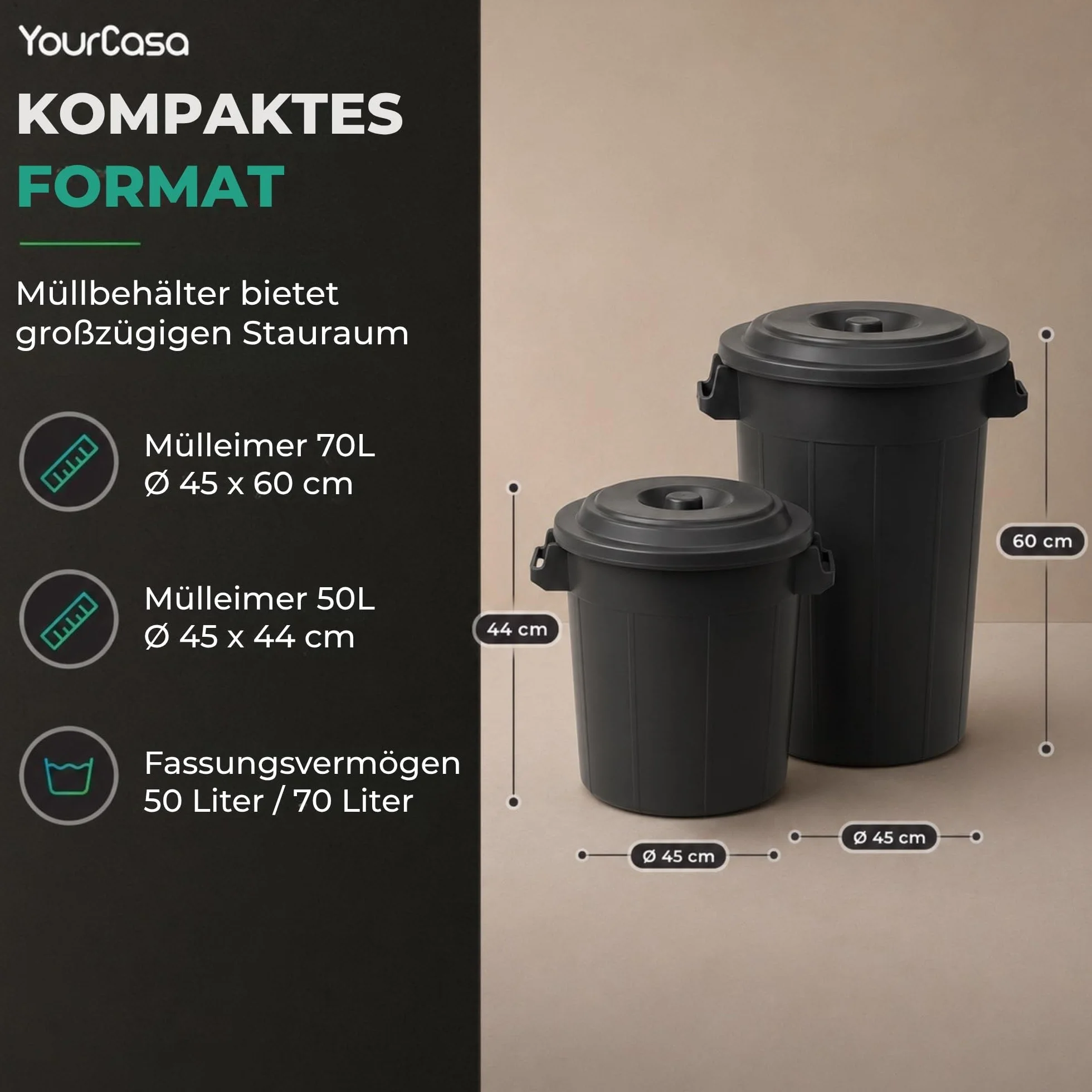 YourCasa Pojemnik na śmieci 2 x 50 l – kosz na śmieci z pokrywką – pojemnik z uchwytami do przenoszenia do ogrodu – pojemnik na pokarm lub deszczówkę, mały pojemnik na wodę – mały uniwersalny pojemnik