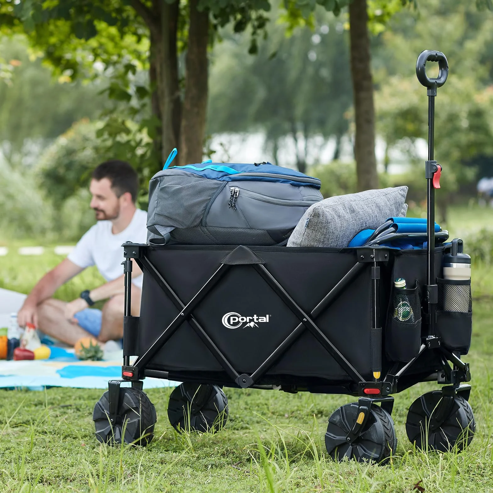 Portal Wózek składany, szybsze i szerokie opony, 128 l, wózek składany, z uchwytem na napoje, wózek transportowy, na kemping, plażę, zakupy
