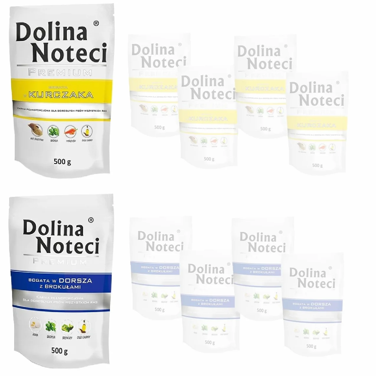 Dolina Noteci Mokra Karma dla Psa w Saszetkach Mix Smaków Kurczak i Dorsz Bezglutenowa 10x500g