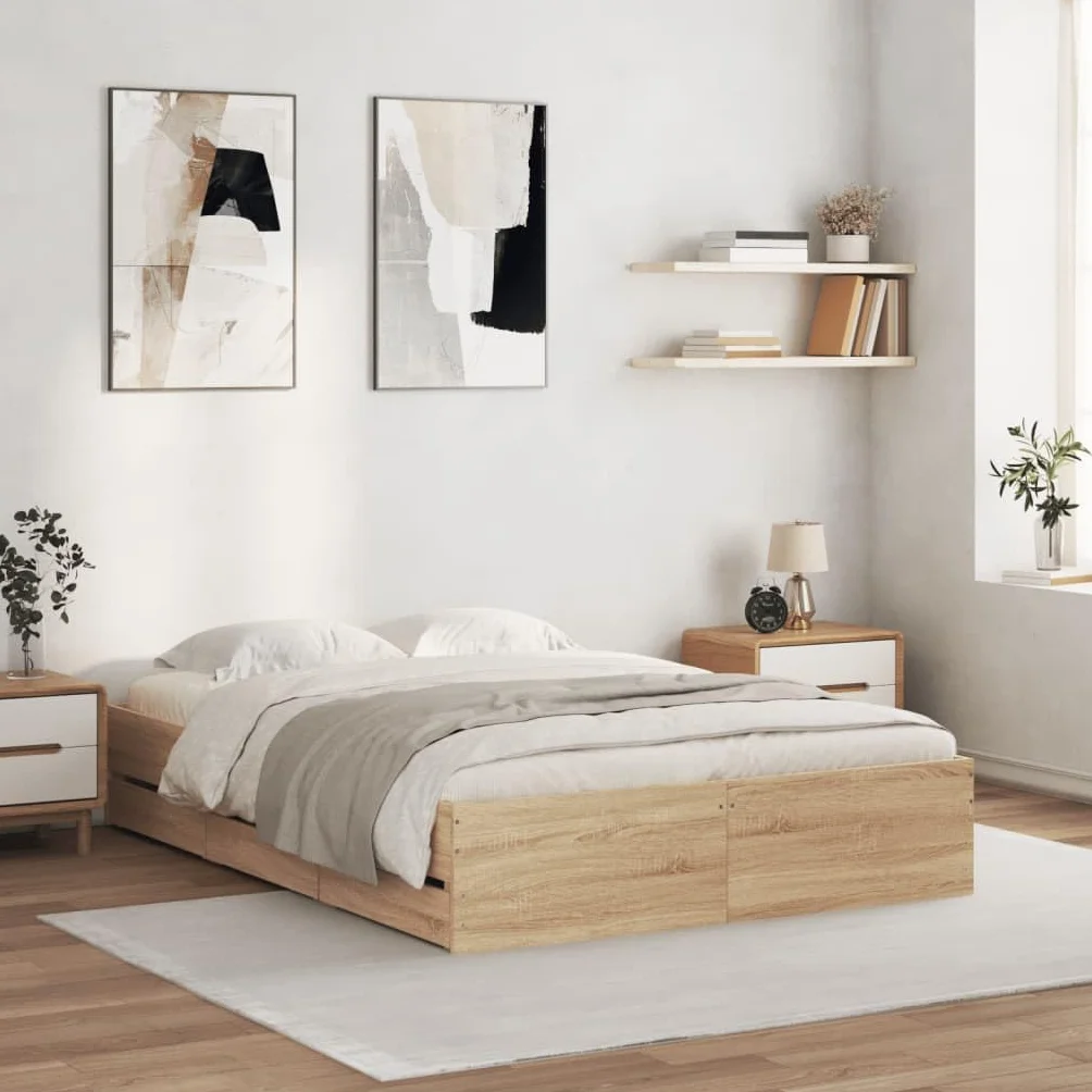 Rama łóżka, łóżko rodzinne, łóżko podwójne, meble do sypialni, rama łóżka z szufladami, dąb sonoma 120 x 200 cm, materiał drewnopochodny