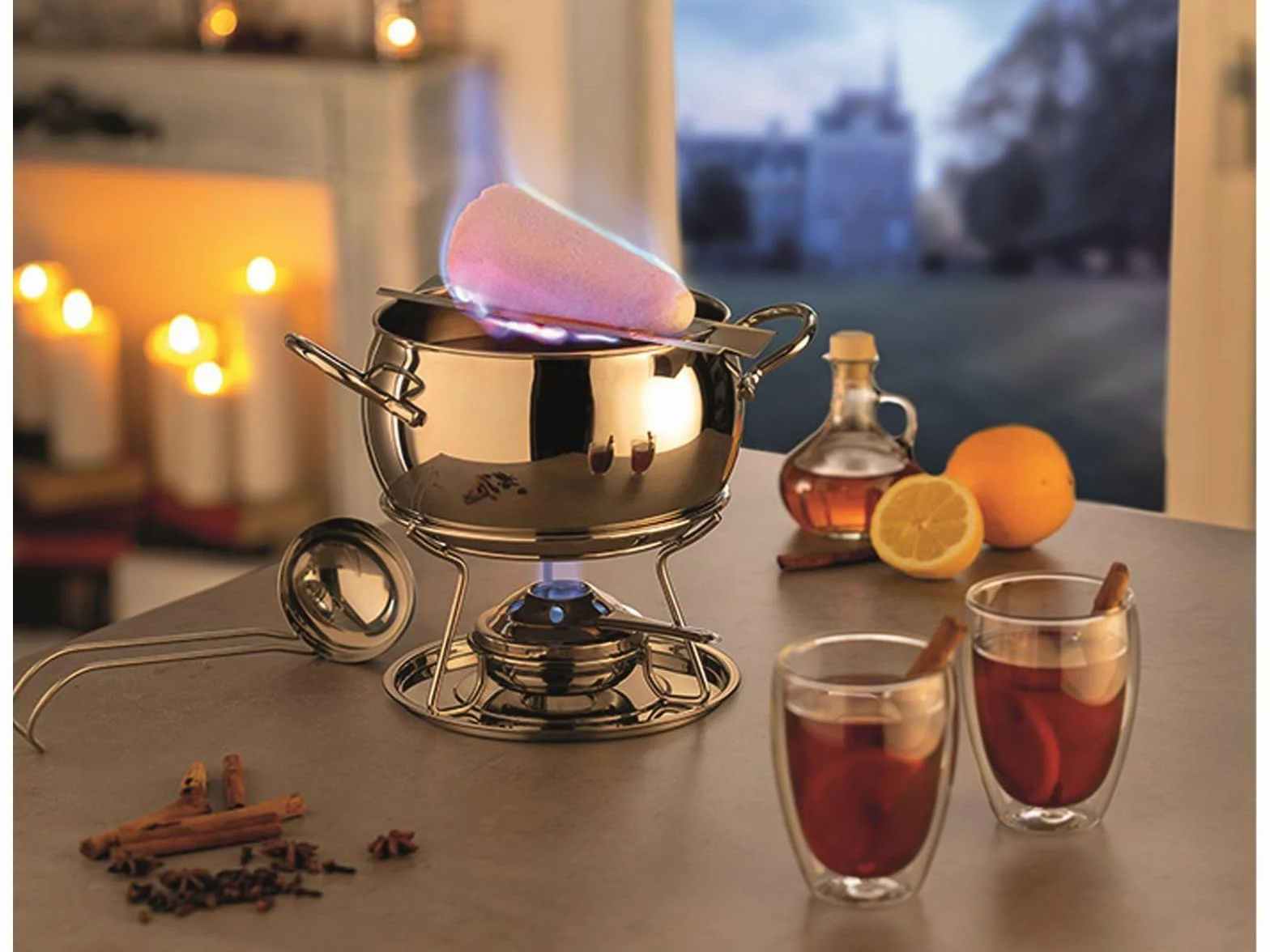 APS 65060 Zestaw do fondue i szczypce do fondue, garnek do fondue, pokrywka ze stali nierdzewnej, polerowana na lustro, chromowana, chochla, na ok. 2,2 l.