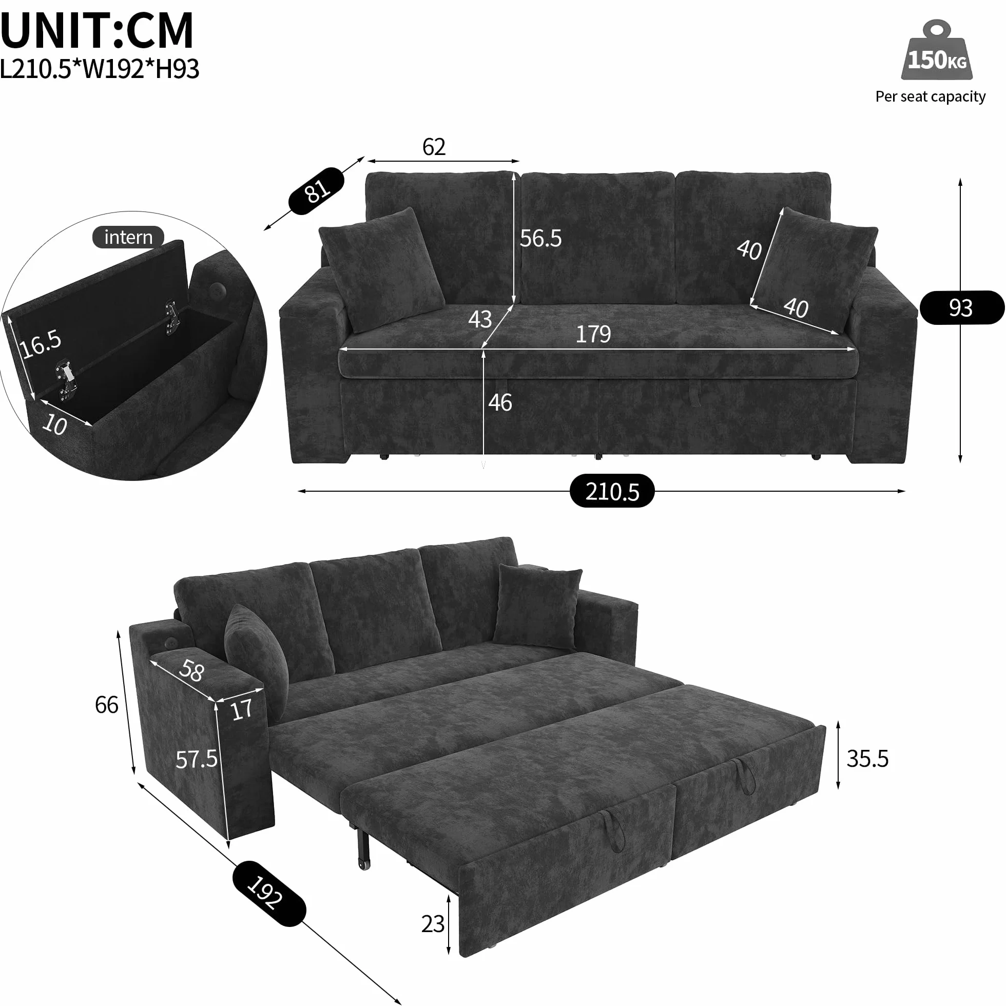3-osobowa sofa 3 w 1 z funkcją spania, metalowa rama, miejsce do przechowywania, USB i podłokietniki, do salonu i sypialni, wielofunkcyjna, szara