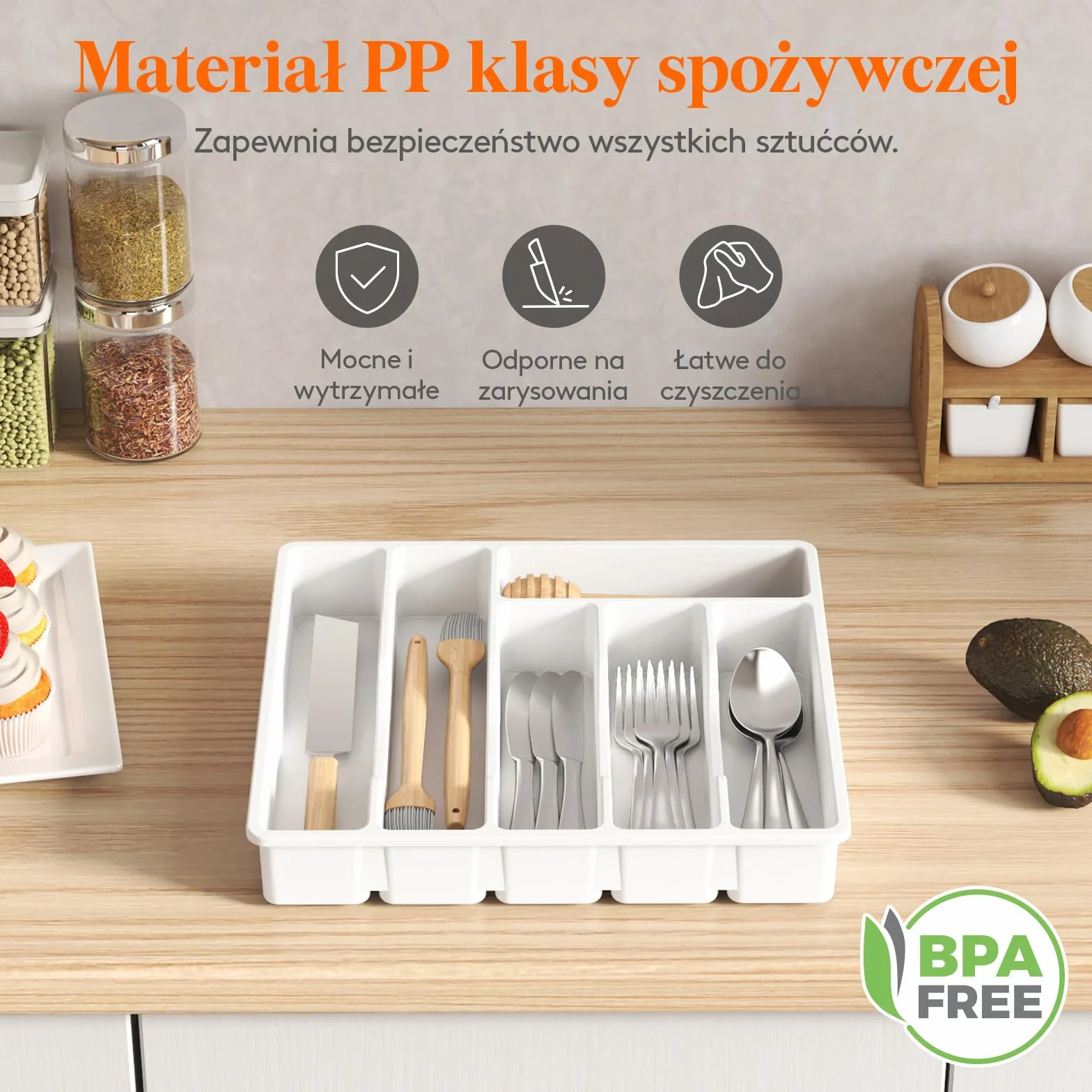 Organizer do szuflady na sztućce Lifewit, Plastikowa taca na sztućce do szuflady kuchennej, Uchwyt, Przegródka na Łyżki, Widelce, Noże, Zastawa stołowa, 6 przegródek, Biały