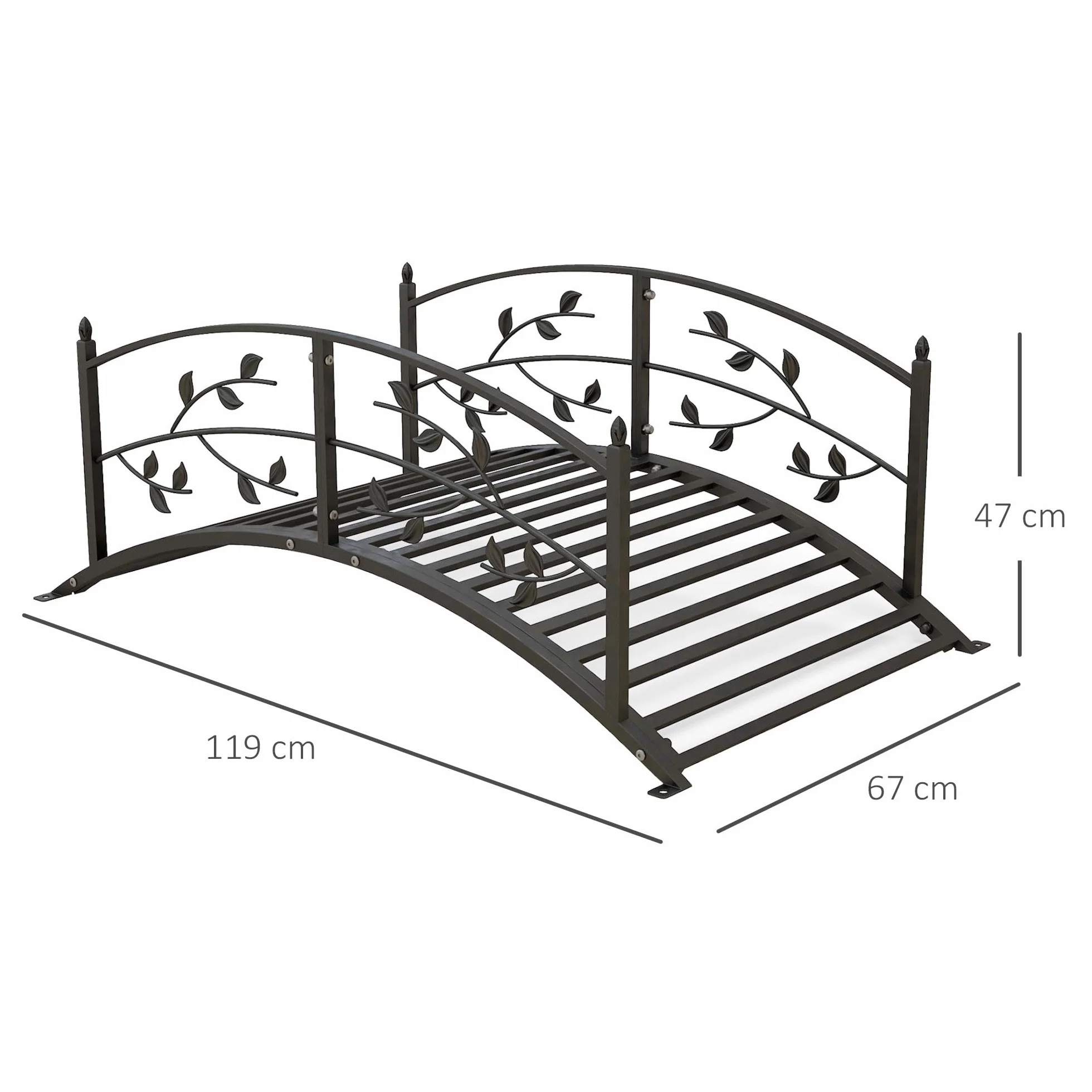 Outsunny Most ogrodowy - Most umywalkowy - dekoracja ogrodowa N. 119L x 67 l x 47H cm z balustradą Czarny stalowy wzór winorośli
