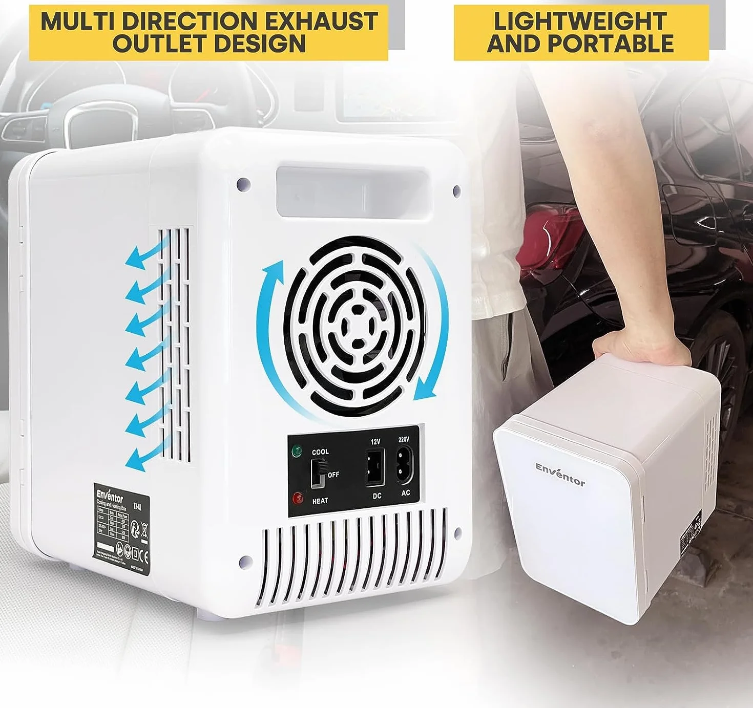 Enventor Mini Lodówka 4 litry, 6 puszek Mini lodówki do sypialni, AC+12V DC, Chłodnice i grzejniki, przenośna mała lodówka do samochodu, podróży, kosmetyków, napojów, owoców, biała