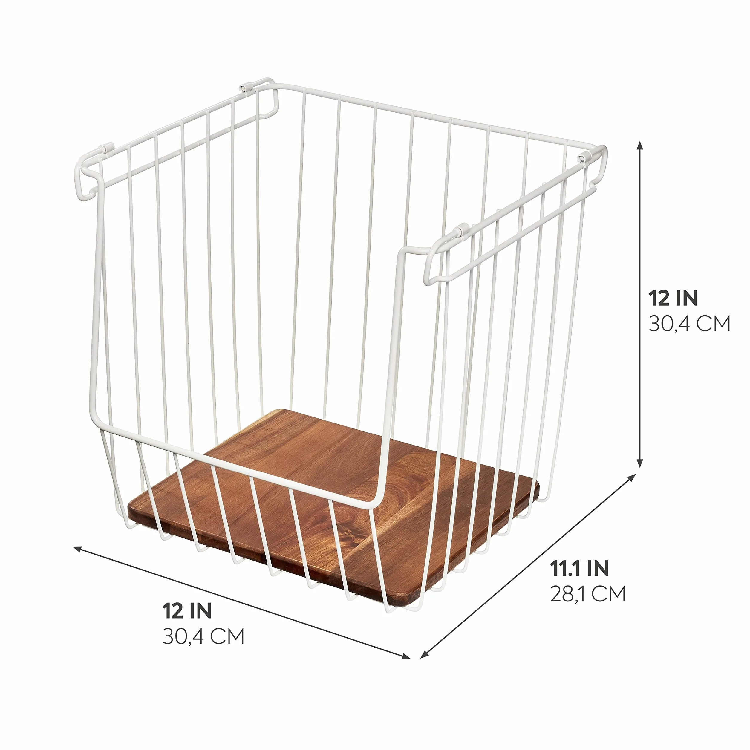 iDesign 95389EU kosz druciany Ría Safford Collection z otwartym przodem, z metalu i drewna akacjowego, przechowywanie i organizacja w kuchni, biały i naturalny, stal 18/10