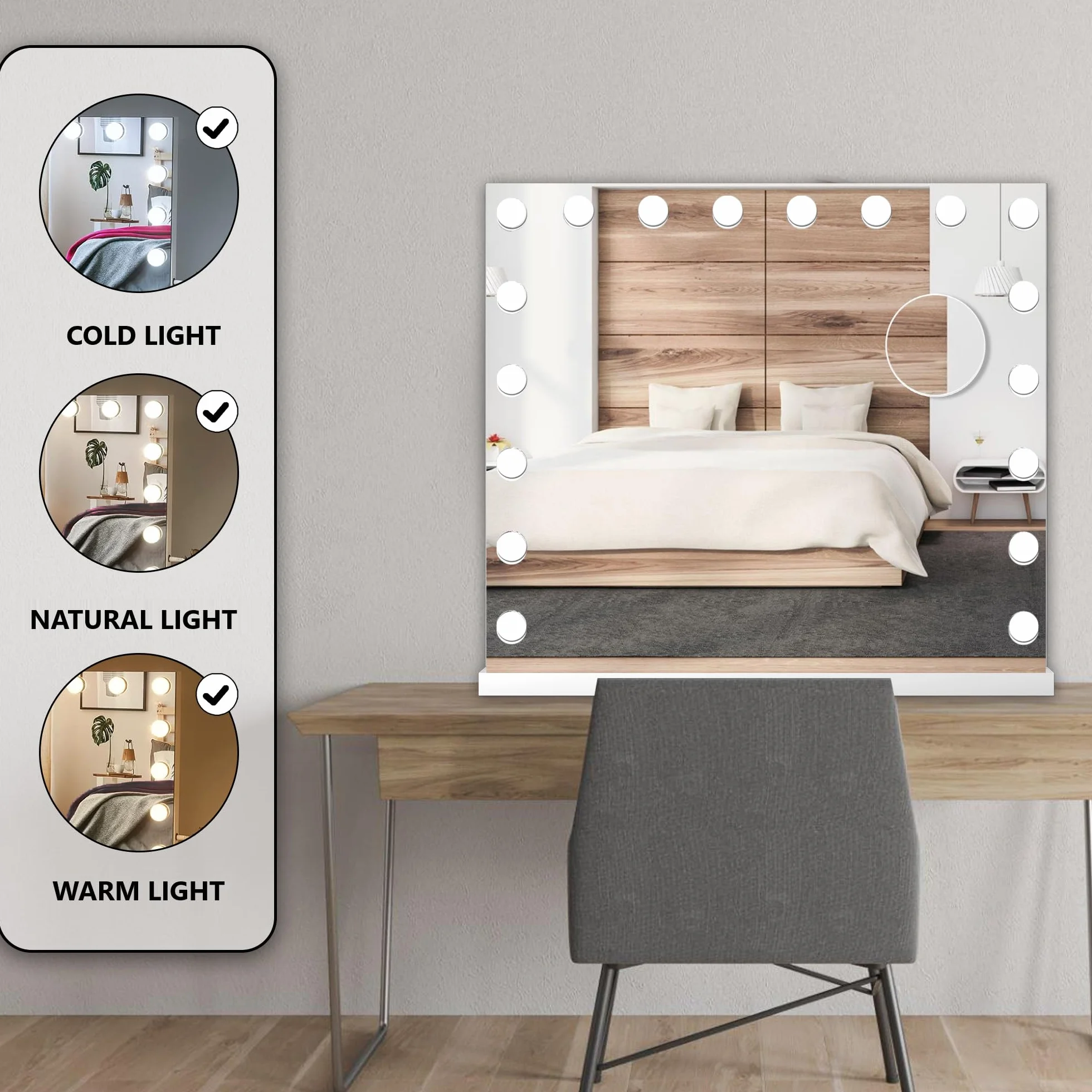 Bayt Lustro do makijażu Hollywood 80x60, regulowane oświetlenie LED, wbudowany Bluetooth, 10-krotne powiększenie, białe