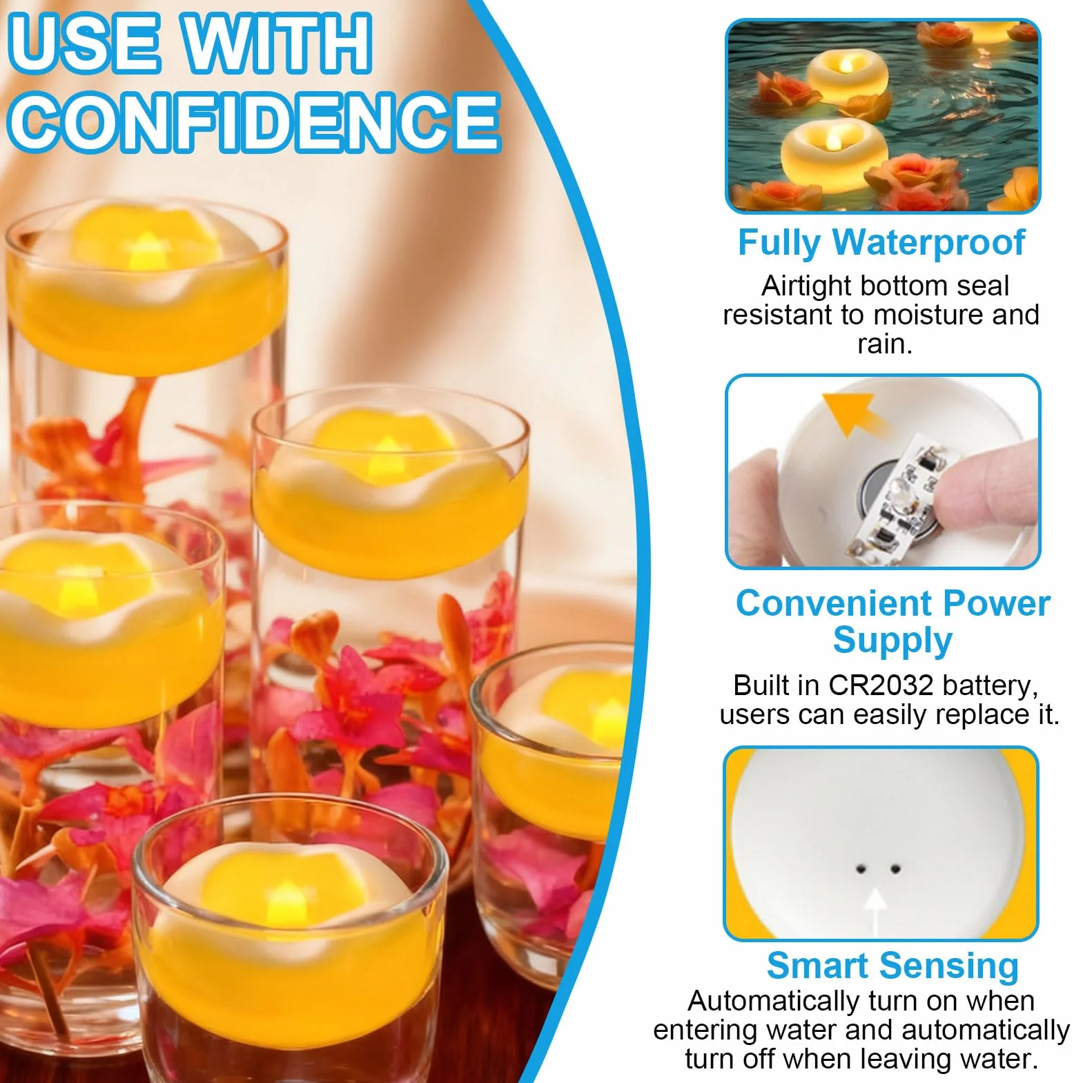 12 sztuk pływających świec LED, pływające świece białe, bezpłomieniowe pływające świeczki typu tealight, zasilane bateriami, świece wodne do basenów, dekoracja ślubna, wazony, dekoracja