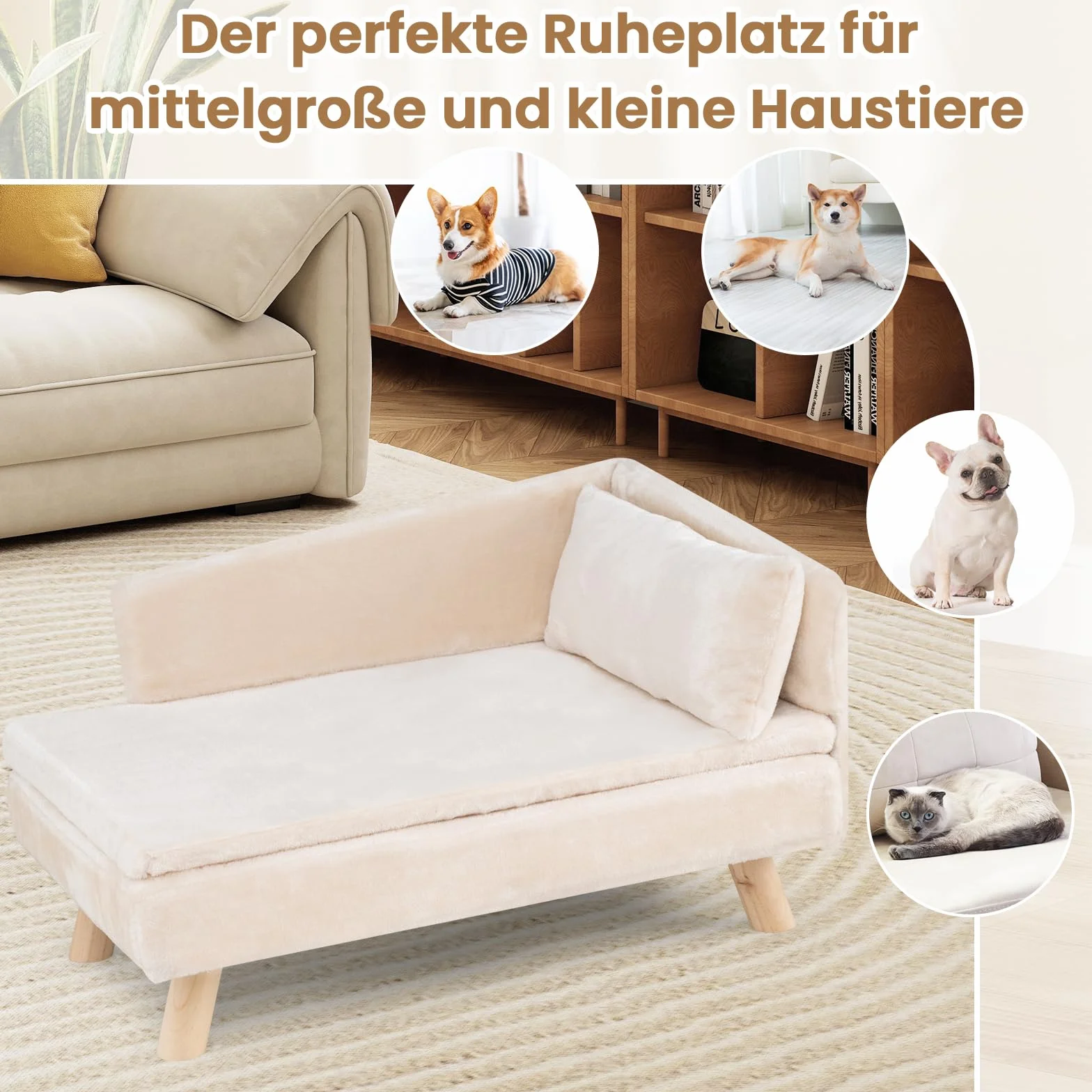 COSTWAY Luksusowa sofa dla kota, podwyższone legowisko do 50 kg, z 2 poduszkami, oparcie i drewniane nogi