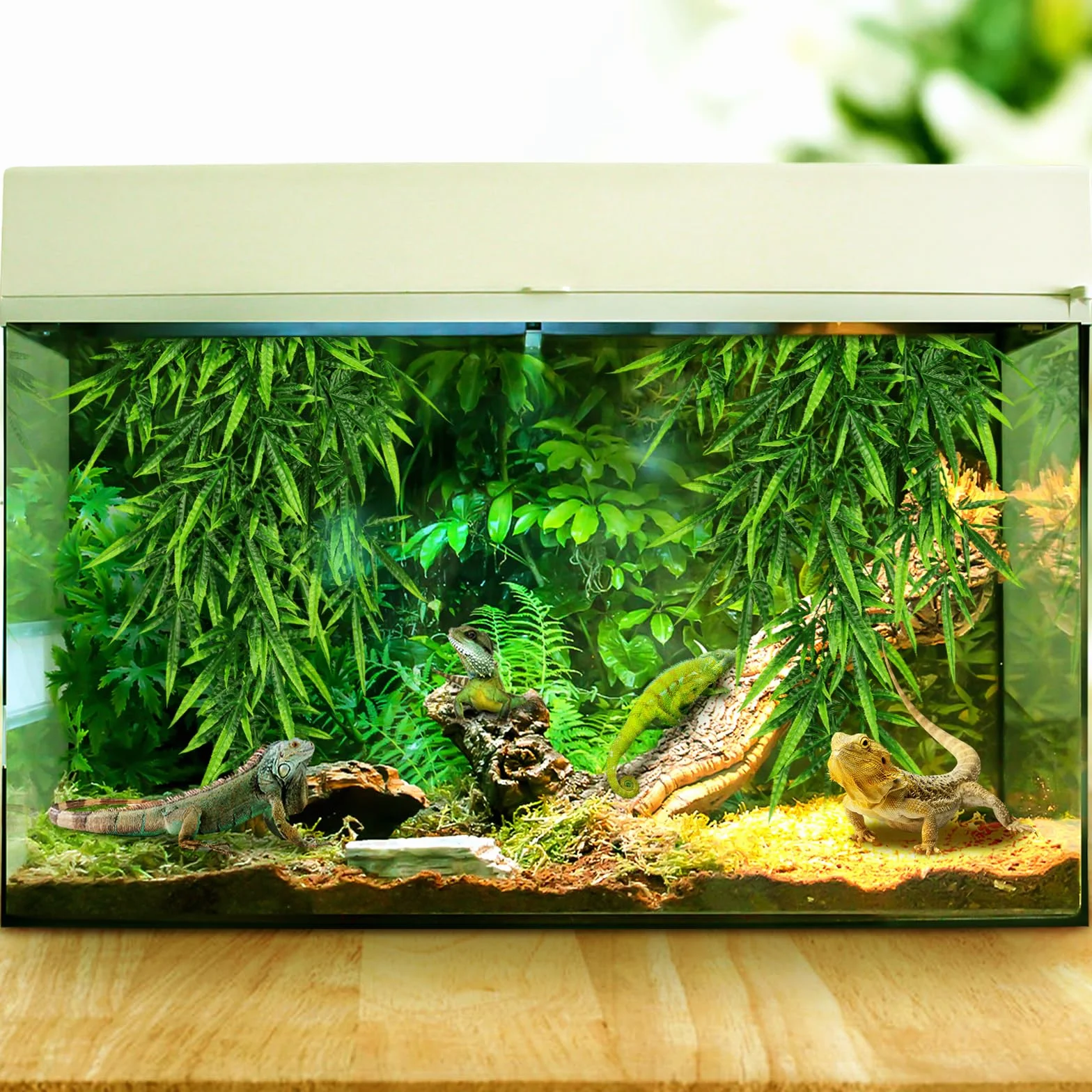 QUOZUO Akcesoria do zbiorników dla gadów, rośliny terrarium, 2 sztuki, sztuczne rośliny wiszące, sztuczne liście, skóra gadów, z przyssawką