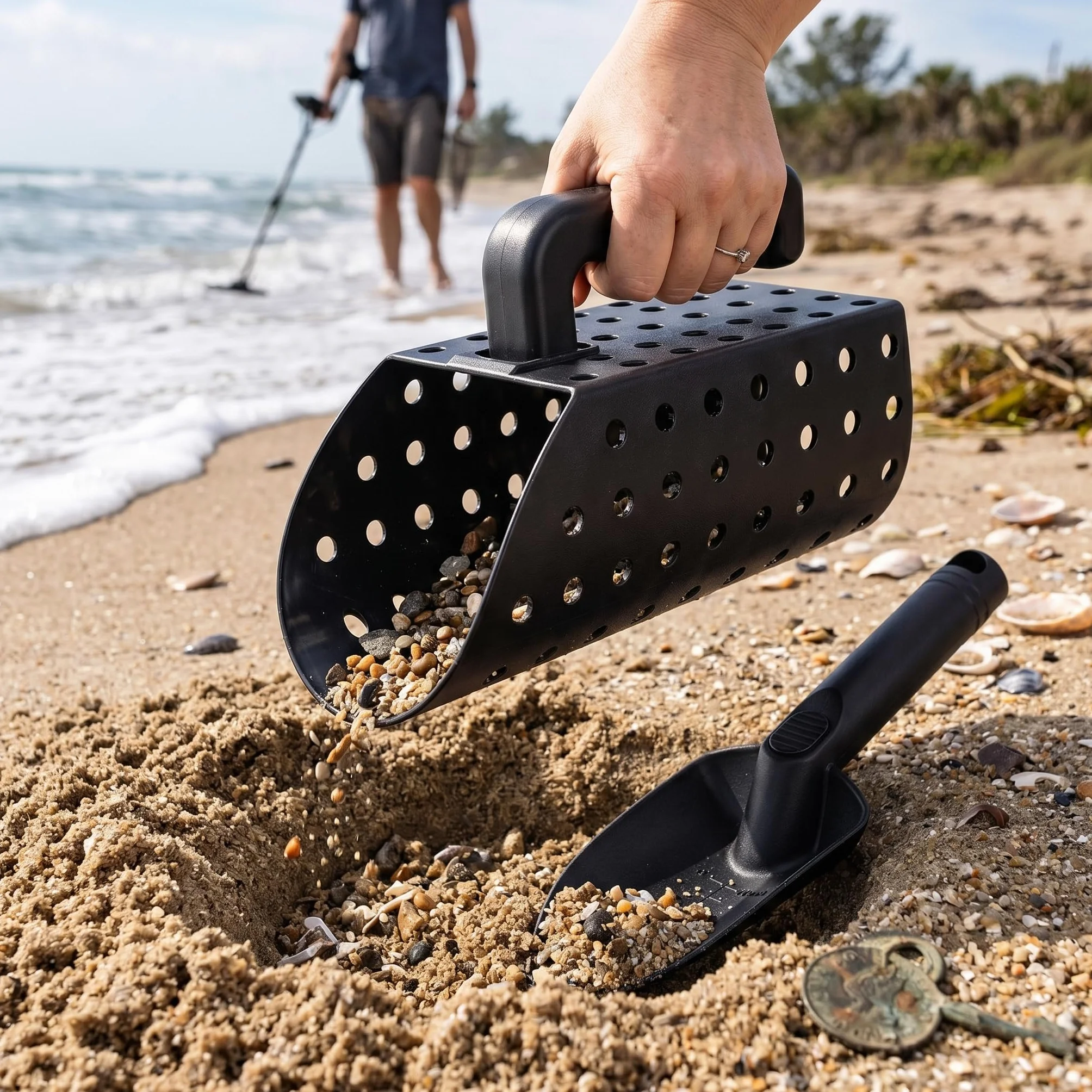 Łopata do piasku do wykrywania metali, z ergonomicznymi łopatkami i otworami filtrującymi do wykrywania metalu na plaży