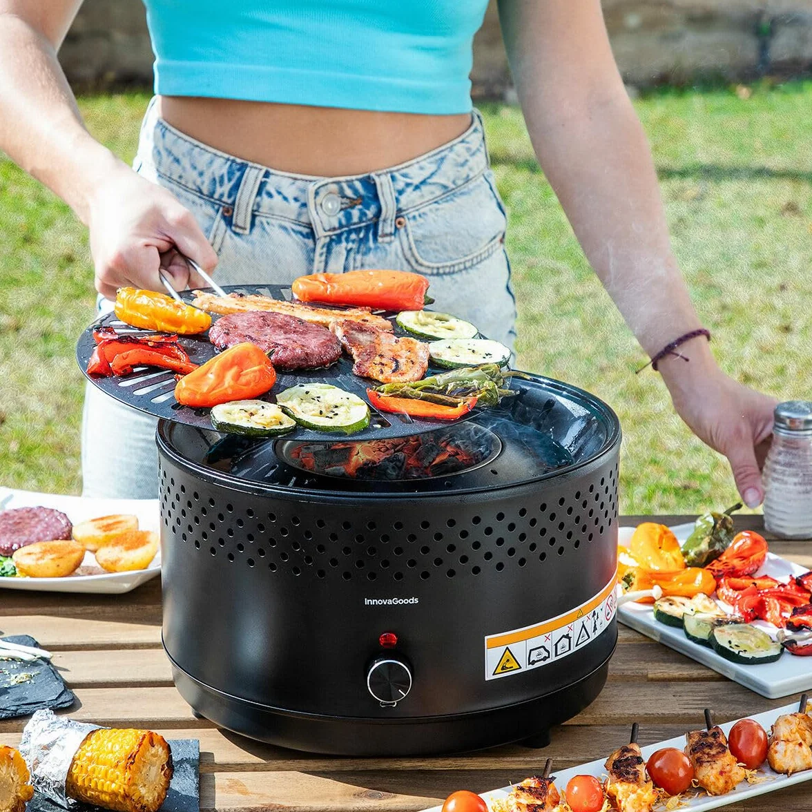 InnovaGoods® Grill stołowy, grill, bezdymny i bezzapachowy grill na węgiel drzewny, przenośny grill do wygodnego gotowania wewnątrz i na zewnątrz, z możliwością podłączenia baterii lub złącza USB-C