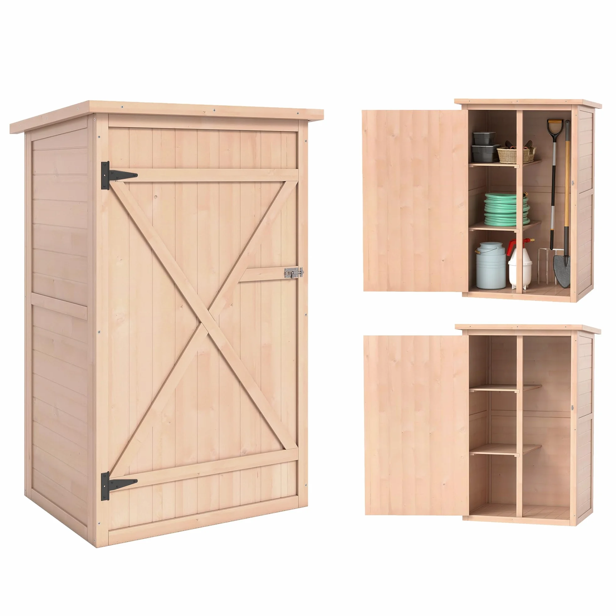 Outsunny Szafka ogrodowa Zniżka na narzędzia Drewno jodłowe wstępnie naoliwione Dach bitumiczny nachylony - Duży zamek drzwi - 2 półki - Sm. 75L x 56l x 115H cm