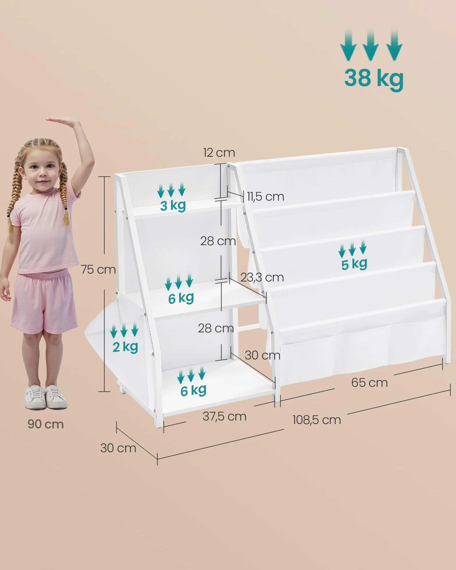 SONGMICS Regał dla dzieci, szafka do przechowywania zabawek, organizer na książki, z kieszenią boczną, wysokość 75 cm, do pokoju dziecięcego, pokoju zabaw, biały GKR024W01