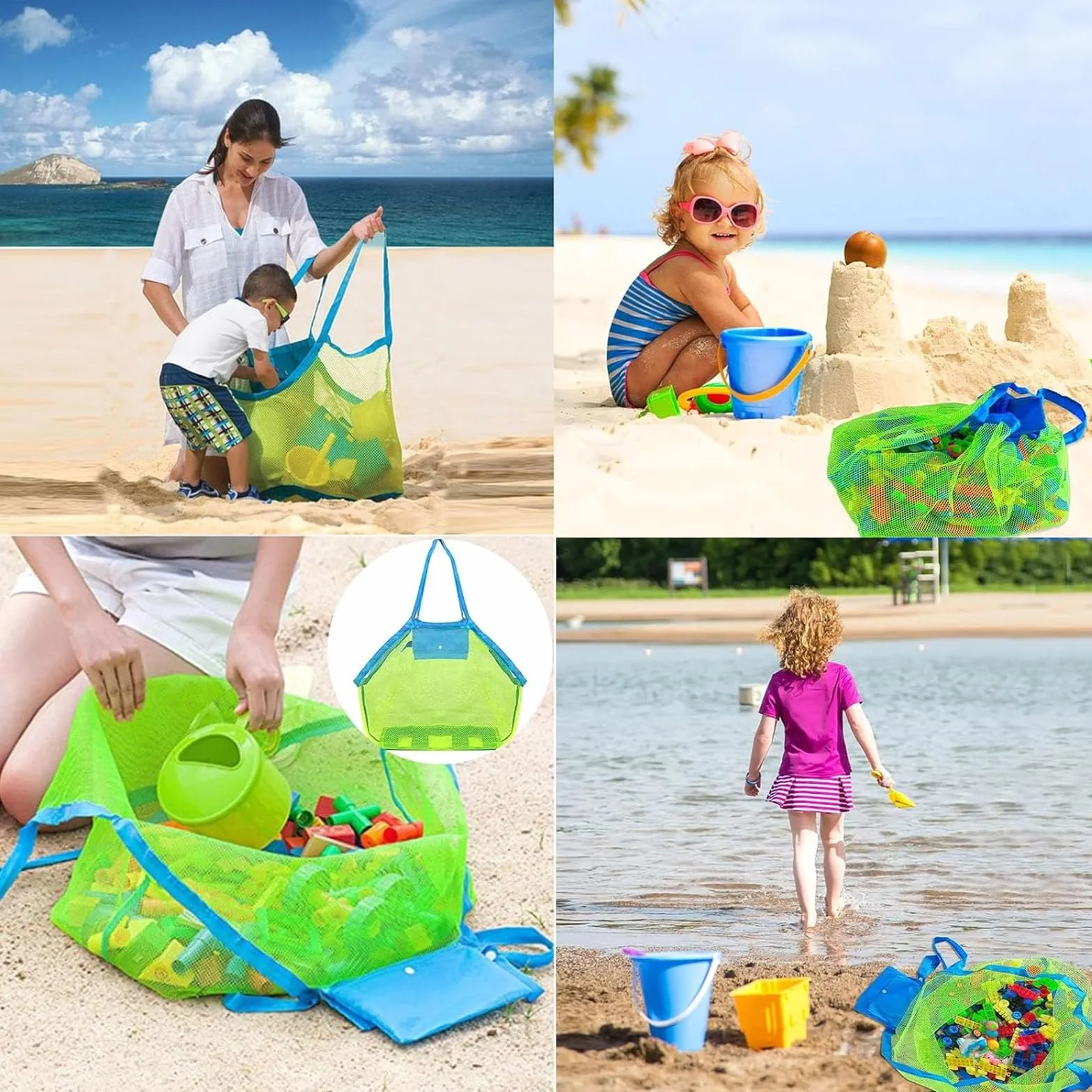 Jimkply torba siatkowa na zabawki plażowe (zestaw 2 szt.), worek na zabawki na piasek, torba plażowa, wielokrotnego użytku i składana torba do przechowywania, na zabawki do piasku, zabawki wodne i