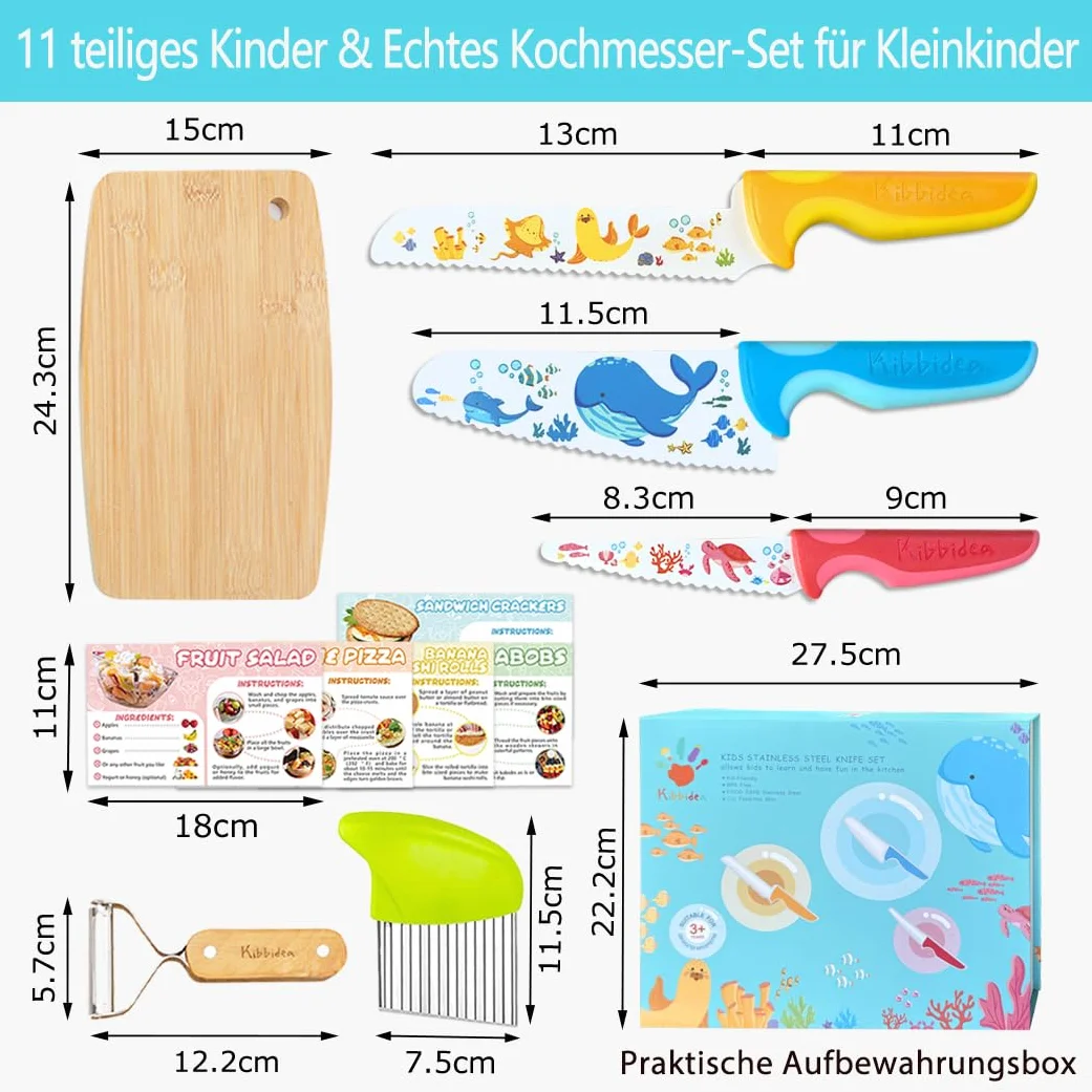 Kibbidea Zestaw noży dziecięcych, 7-częściowy, bezpieczny dla dzieci, nóż kuchenny do krojenia owoców lub warzyw, zestaw noży dla dzieci od 3 lat