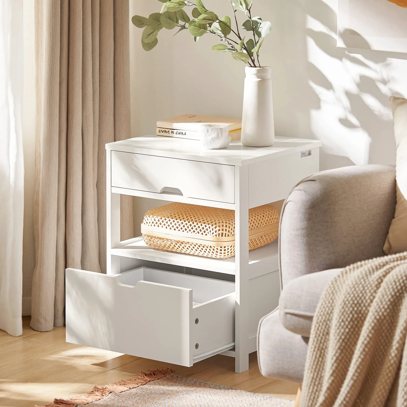 SoBuy Stolik Nocny z 2 Szufladami i Półką, Stoliczek do Sypialni - Nowoczesny Mebel do Przechowywania S45 x G38 x W55 cm Biały FRG258-II-W