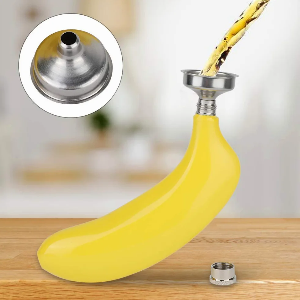 Kolba Biodrowa 5 Uncji na Likier, Likier Bananowy ze Skórką i Alkohol, Kolba z Owocami Tropikalnymi z Zakrętką ze Stali Nierdzewnej, Butelka z Alkoholem w Kształcie Banana i Whisky z Lejkiem
