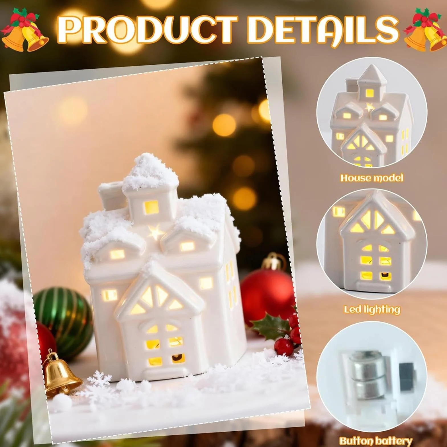 Ceramiczne domki świąteczne, miniaturowa dekoracja wioski świątecznej z oświetleniem LED, porcelanowe ręcznie robione domki świąteczne do świątecznego wystroju wnętrz, zasilane bateriami, ciepłe białe