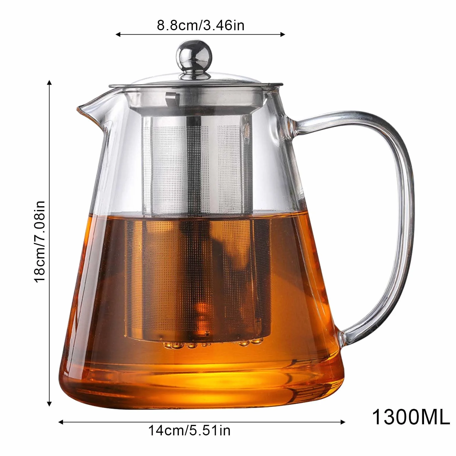 Dzbanek do herbaty z sitkiem i pokrywką, 1300 ml, szklany dzbanek do herbaty ze szkła borokrzemowego, ze zdejmowanym sitkiem, wytrzymały dzbanek do herbaty, odporny na wysoką temperaturę, do herbaty