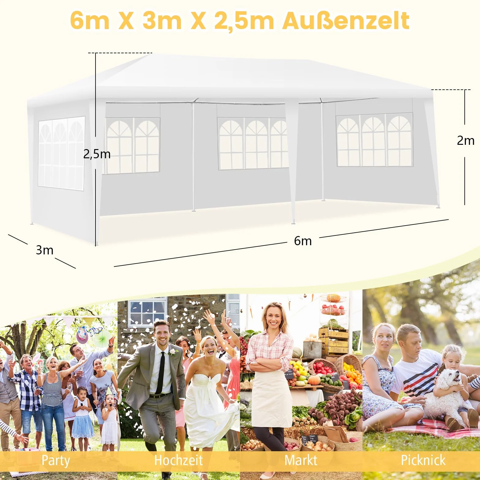 COSTWAY 3 x 6 m pawilon ogrodowy, namiot imprezowy z 4 zdejmowanymi ściankami bocznymi, namiot ogrodowy, pawilon wraz z torbą do przenoszenia, biały