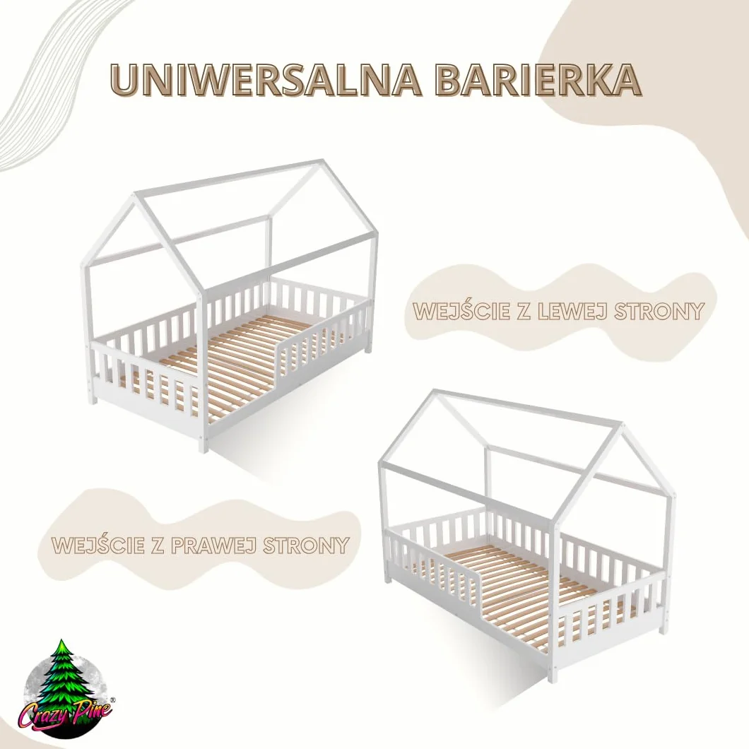 Łóżko domek Crazy Blanco 160 x 80 cm – Białe łóżko dziecięce z naturalnego drewna z odkręcaną barierką – Łóżko Montessori