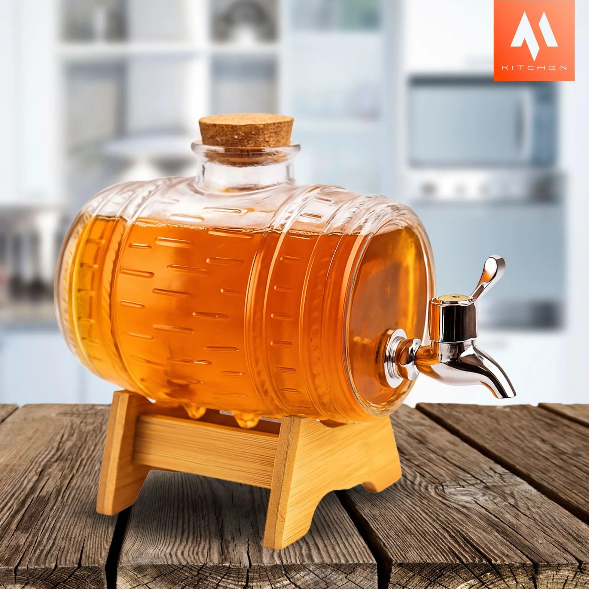OMAGO® Szklana beczułka z kranikiem 1 L, dozownik napojów w kształcie beczki, karafka do whisky, brandy, wina, soków i lemoniady