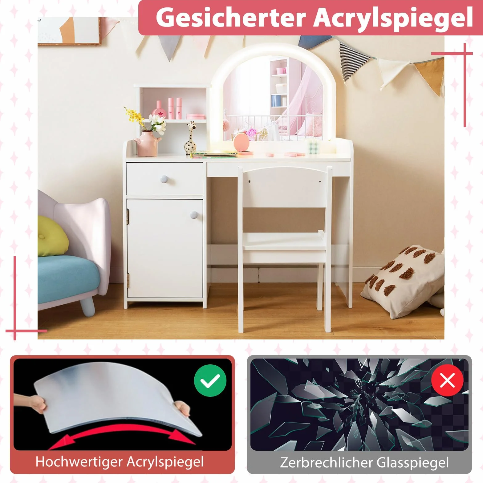 COSTWAY Zestaw toaletki dziecięcej 2 w 1, stół fryzjerski z taboretem, diodami LED, lustrem, szafą i szufladą, toaletka dla dziewczynek, z drewna, dla dzieci od 3 lat (biała)